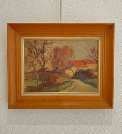 At the Edge of the Village, Oil on Canvas, Framed, Early 20th Century