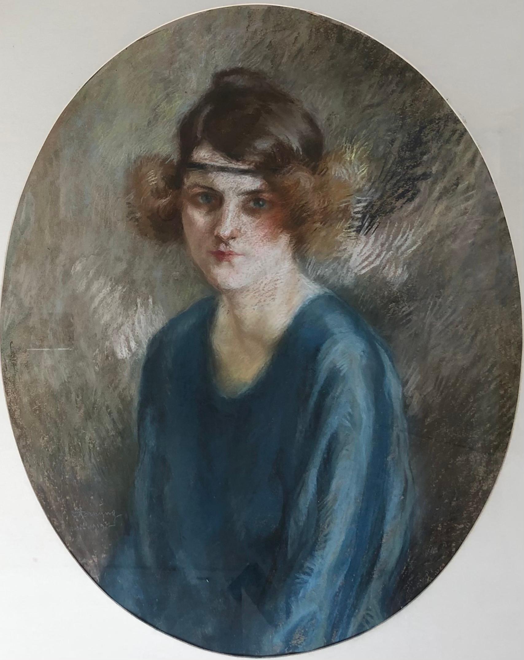 Portrait Painting di Charles Emile Moise Hornung - Giovane donna con acconciatura Charleston e vestito blu