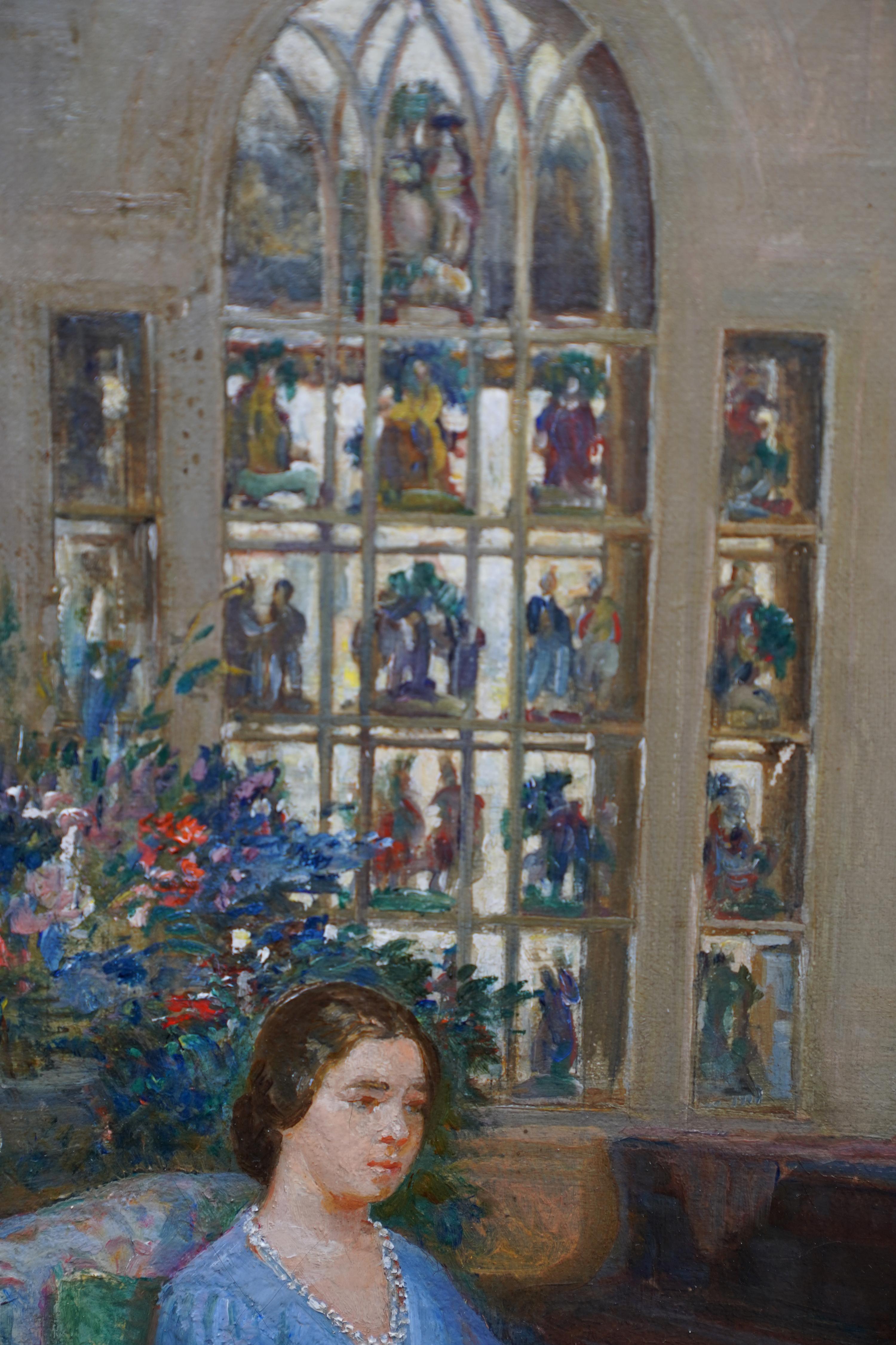 Portrait d'une famille dans un intérieur - Peinture à l'huile britannique des années 1950 en vente 7