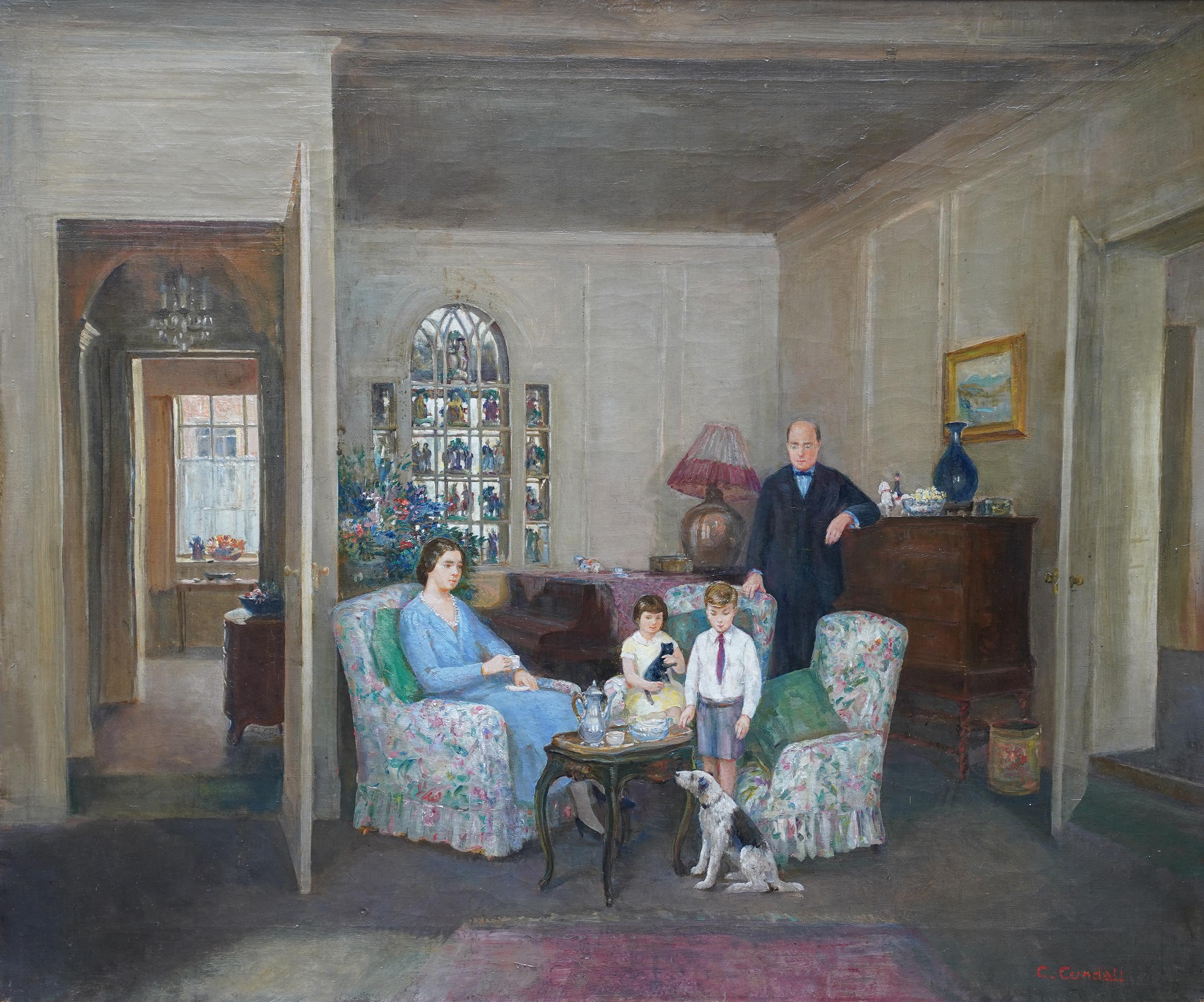 Portrait d'une famille dans un intérieur - Peinture à l'huile britannique des années 1950 en vente 9