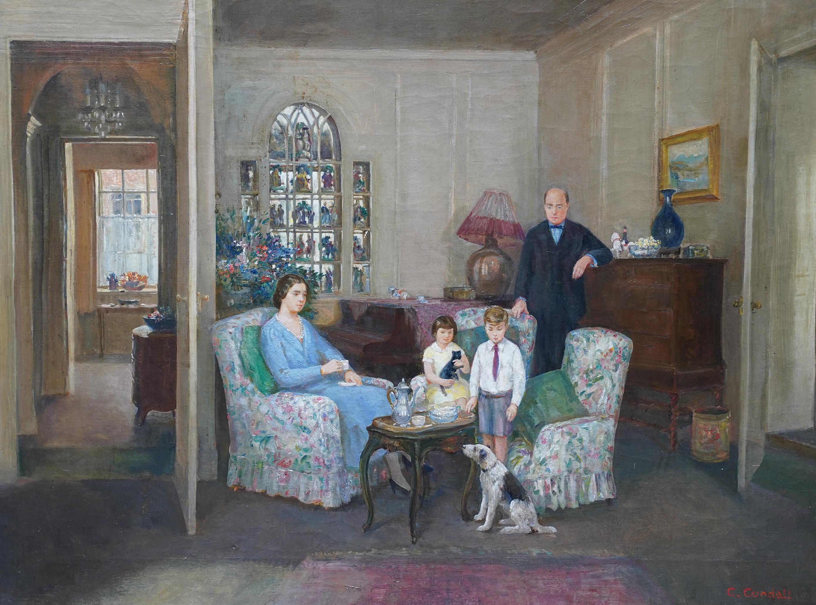 Portrait d'une famille dans un intérieur - Peinture à l'huile britannique des années 1950 - Post-impressionnisme Painting par Charles Ernest Cundall