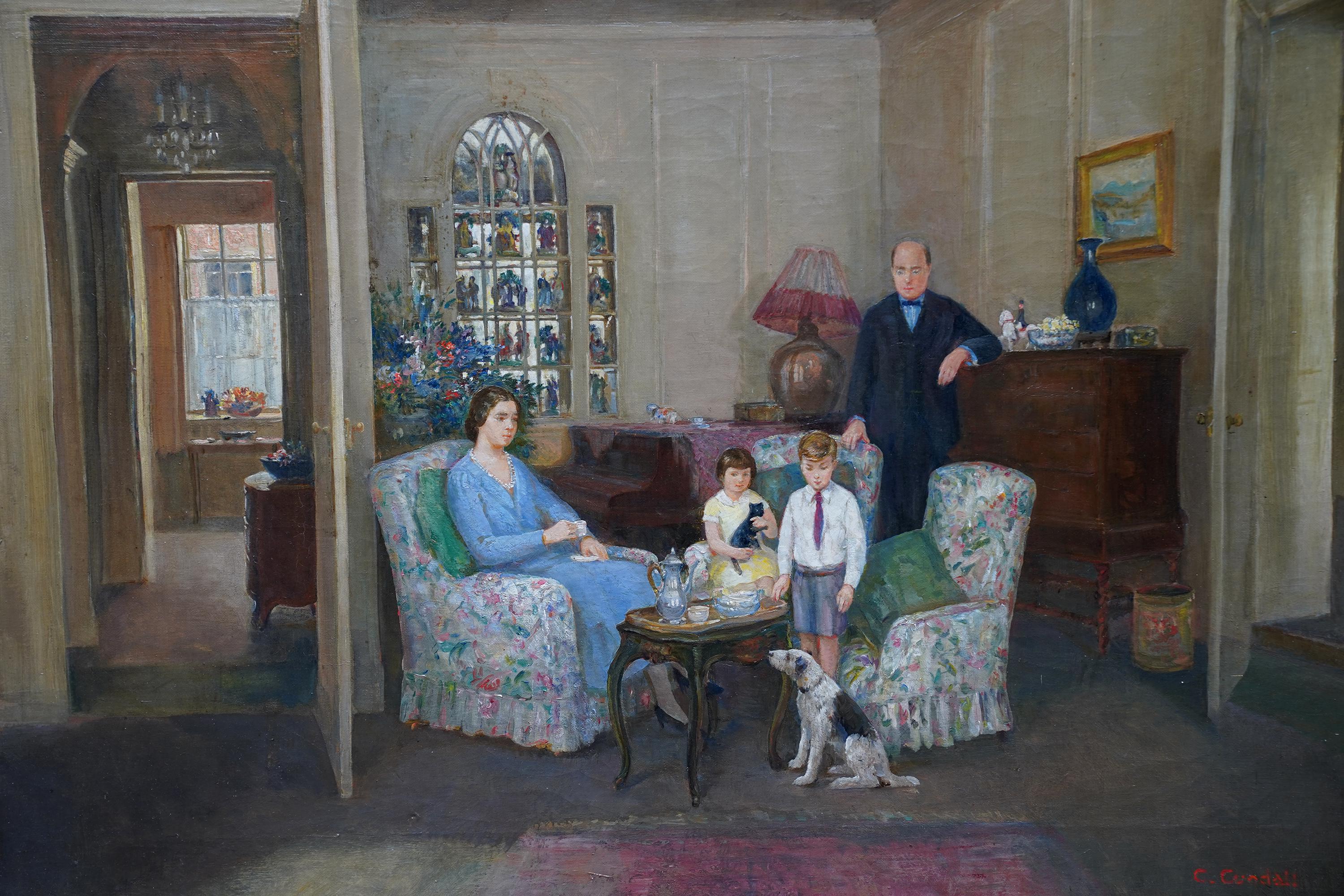 Portrait of a Family in an Interior - British 1950's art oil painting - Post-Impressionist Painting by Charles Ernest Cundall