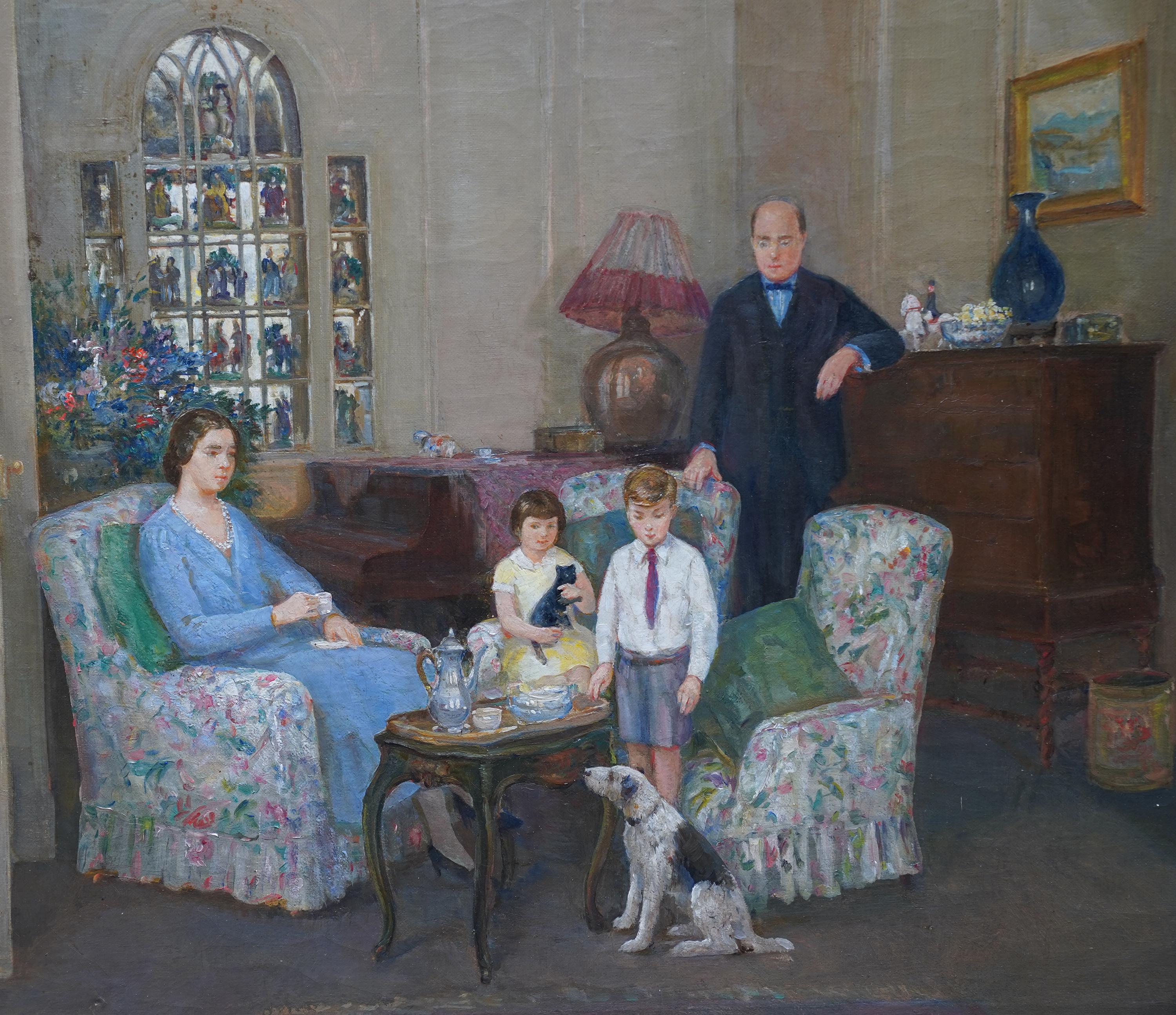 This interesting British Post Impressionist figurative interior oil painting is by noted artist Charles Cundall and entitled A Conversation Piece. Painted circa 1955 the composition is the interior of a living room with a couple and their two young