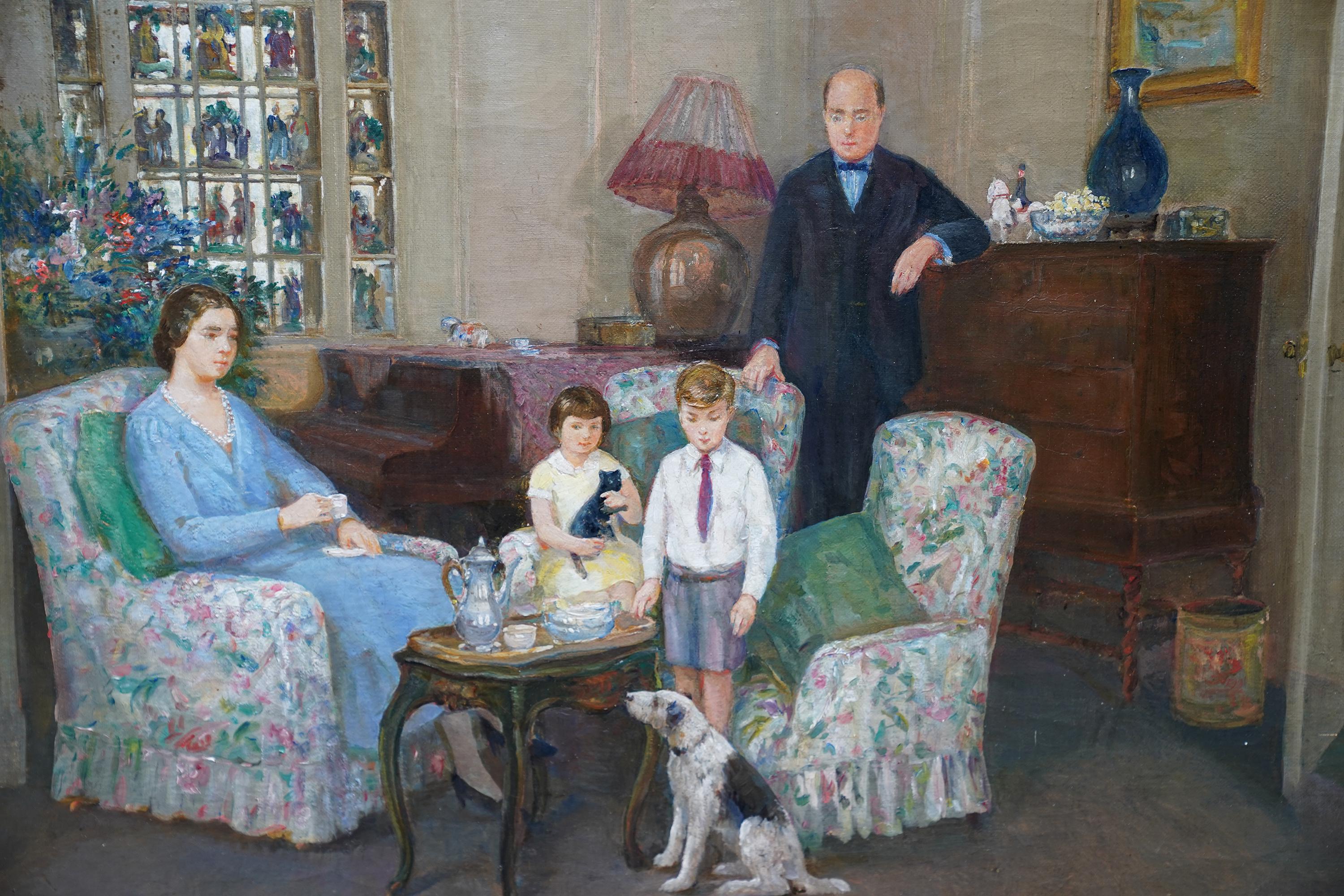 Portrait of a Family in an Interior - British 1950's art oil painting For Sale 1