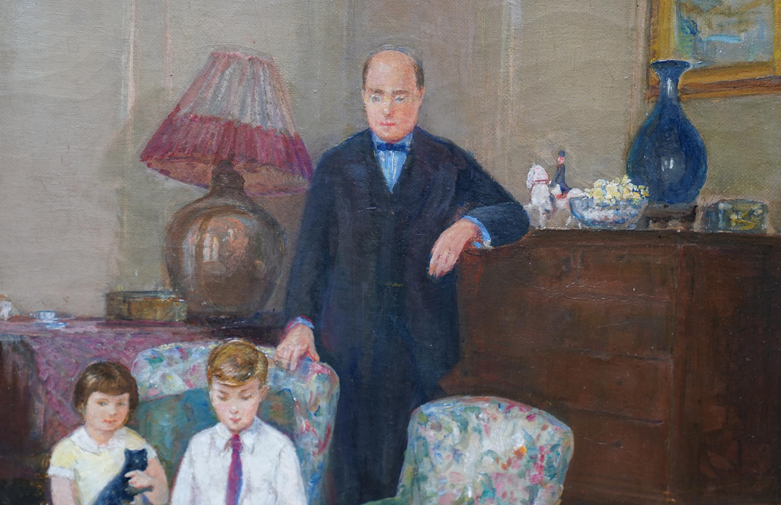 Portrait of a Family in an Interior - British 1950's art oil painting For Sale 2