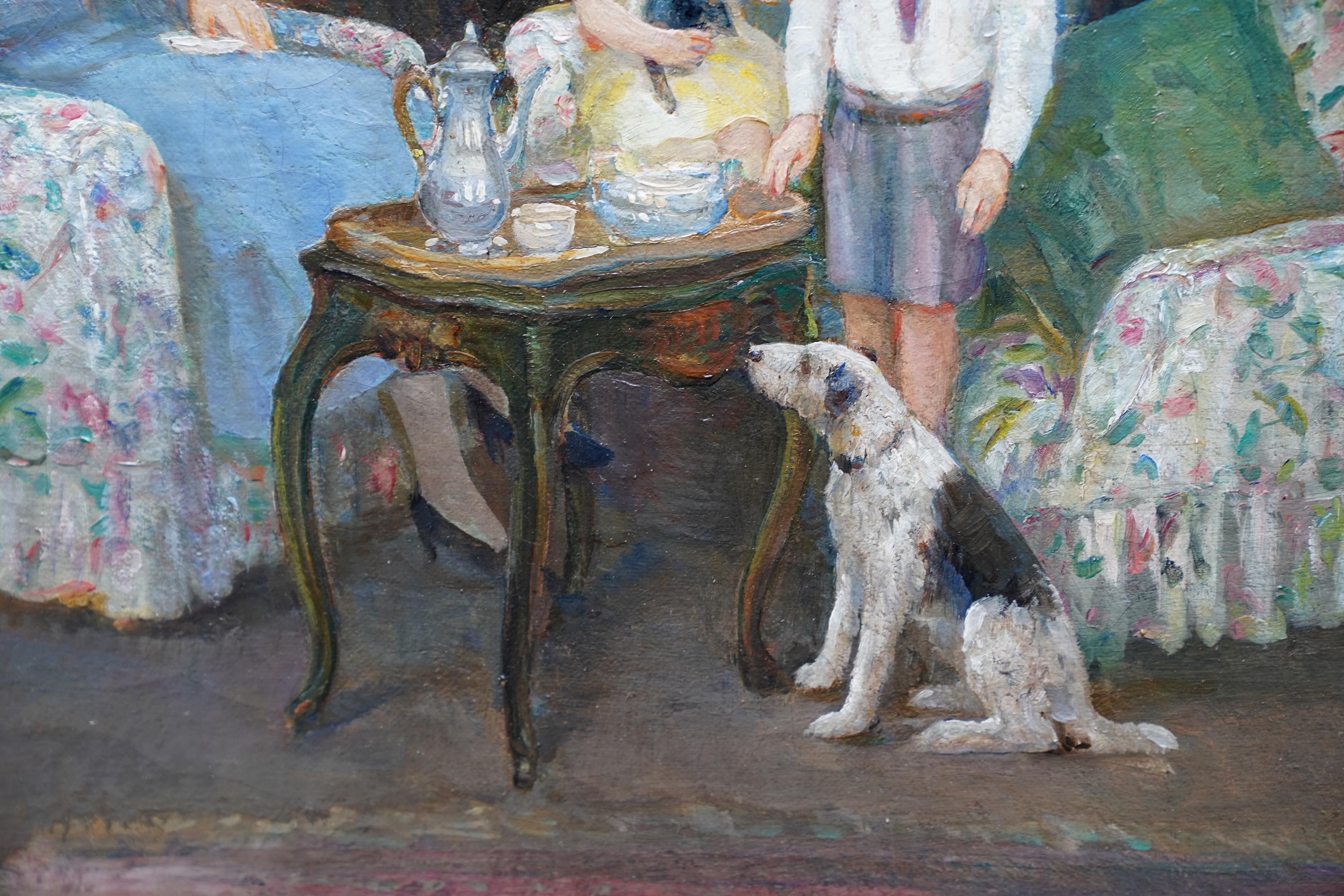 Portrait d'une famille dans un intérieur - Peinture à l'huile britannique des années 1950 en vente 4