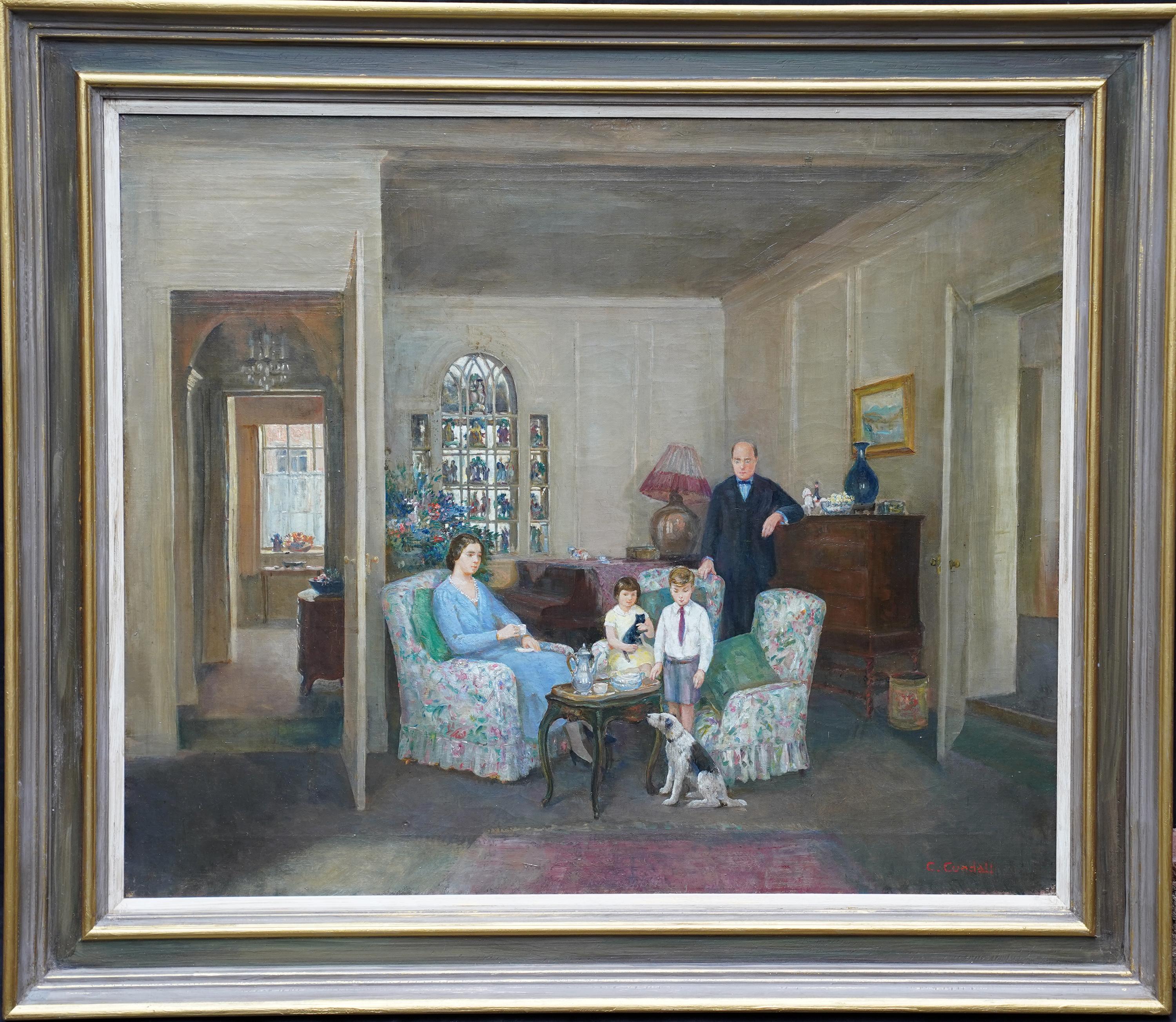 Portrait d'une famille dans un intérieur - Peinture à l'huile britannique des années 1950