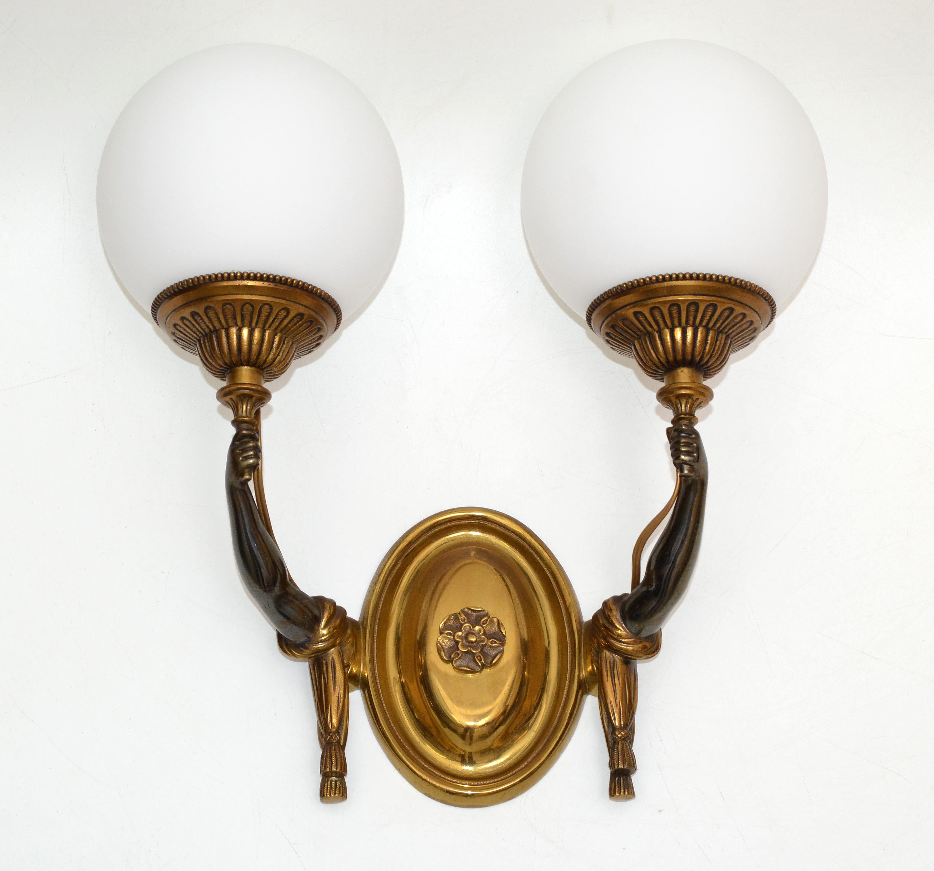 Charles et Fils Pair of Bronze & Blown Opaline Glass Globe French Sconces 1950 For Sale 4