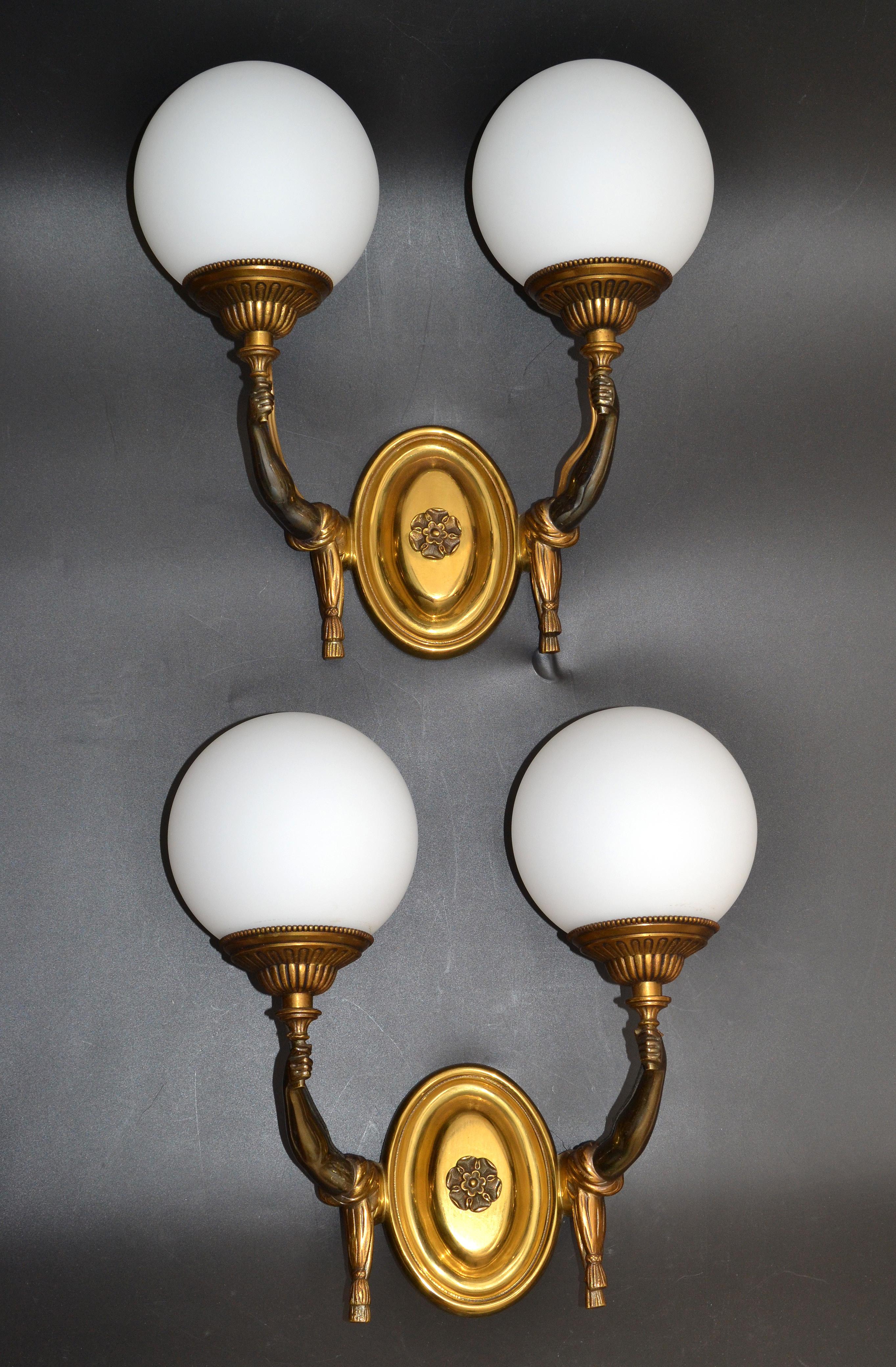 Charles et Fils Pair of Bronze & Blown Opaline Glass Globe French Sconces 1950 For Sale 5