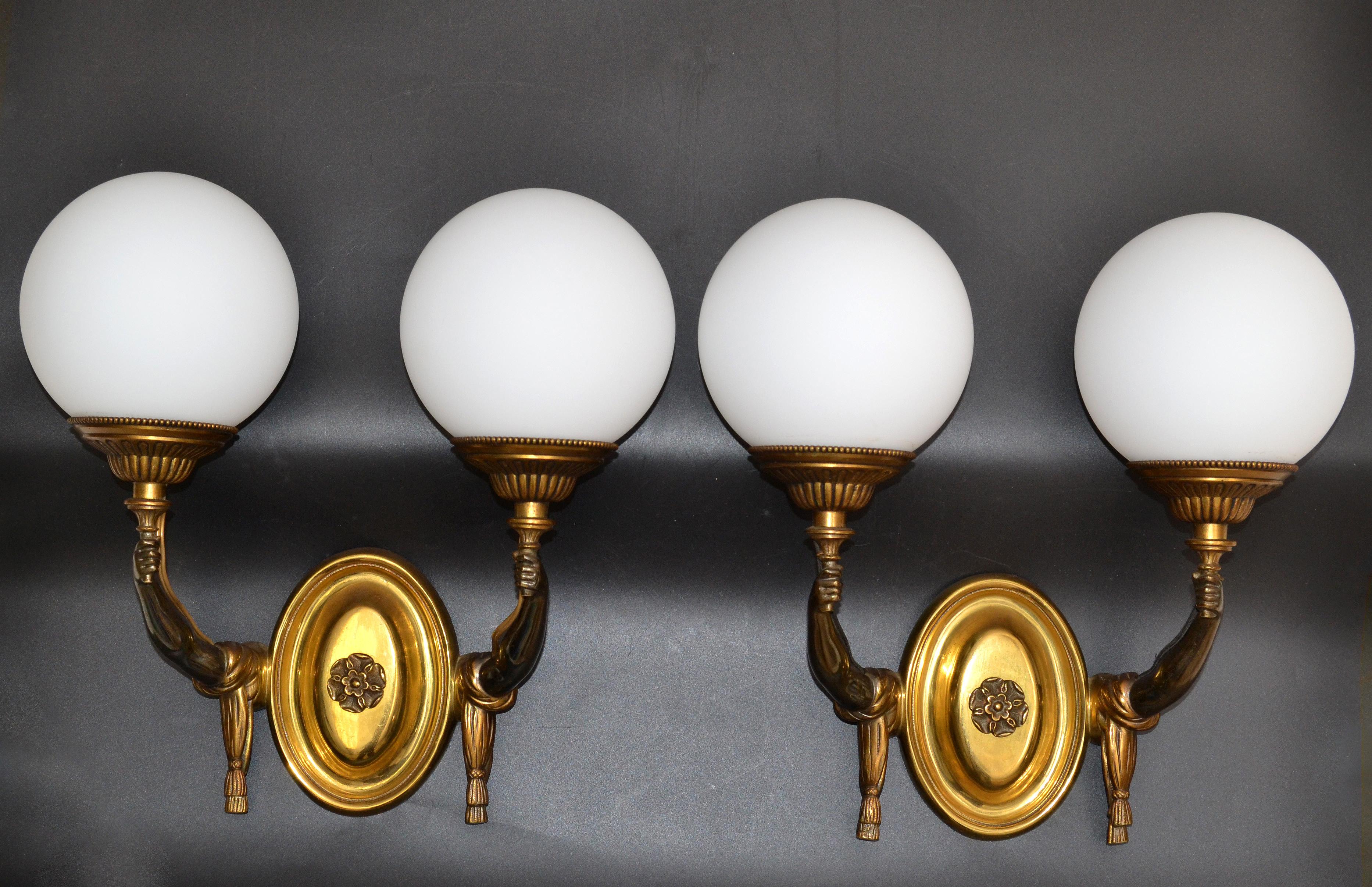 Charles et Fils Pair of Bronze & Blown Opaline Glass Globe French Sconces 1950 For Sale 6