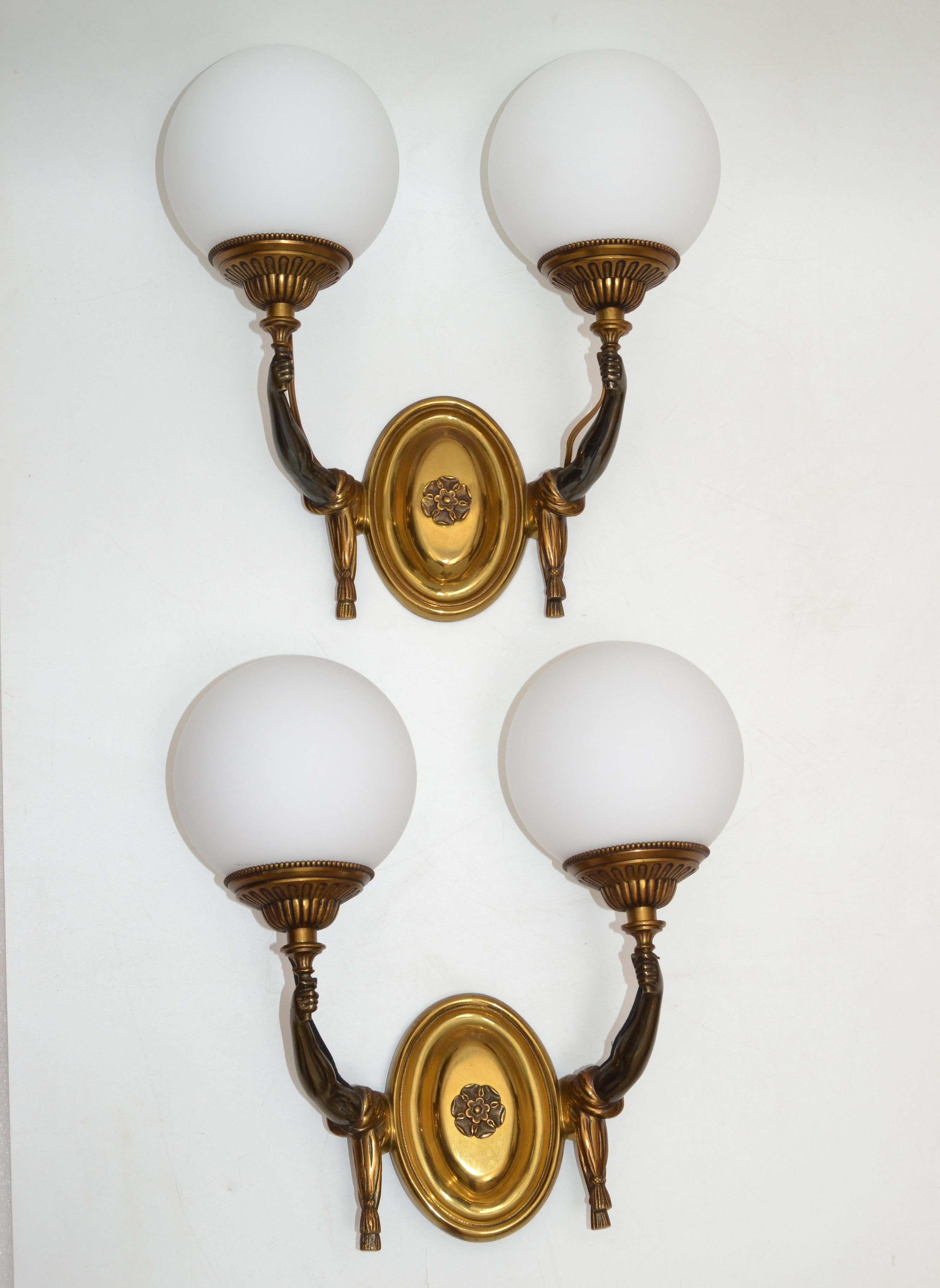 Neoclassical Charles et Fils Pair of Bronze & Blown Opaline Glass Globe French Sconces 1950 For Sale