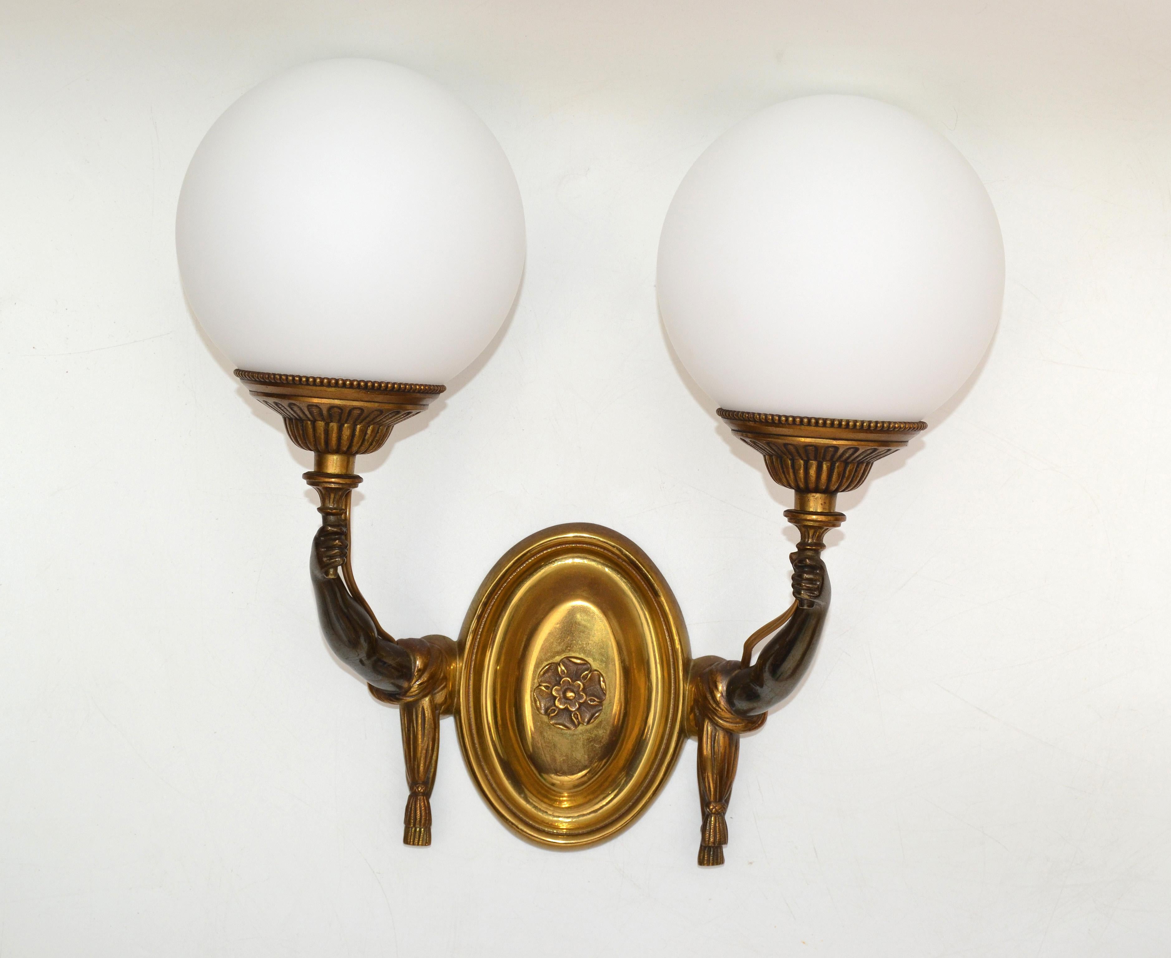 Hand-Crafted Charles et Fils Pair of Bronze & Blown Opaline Glass Globe French Sconces 1950 For Sale