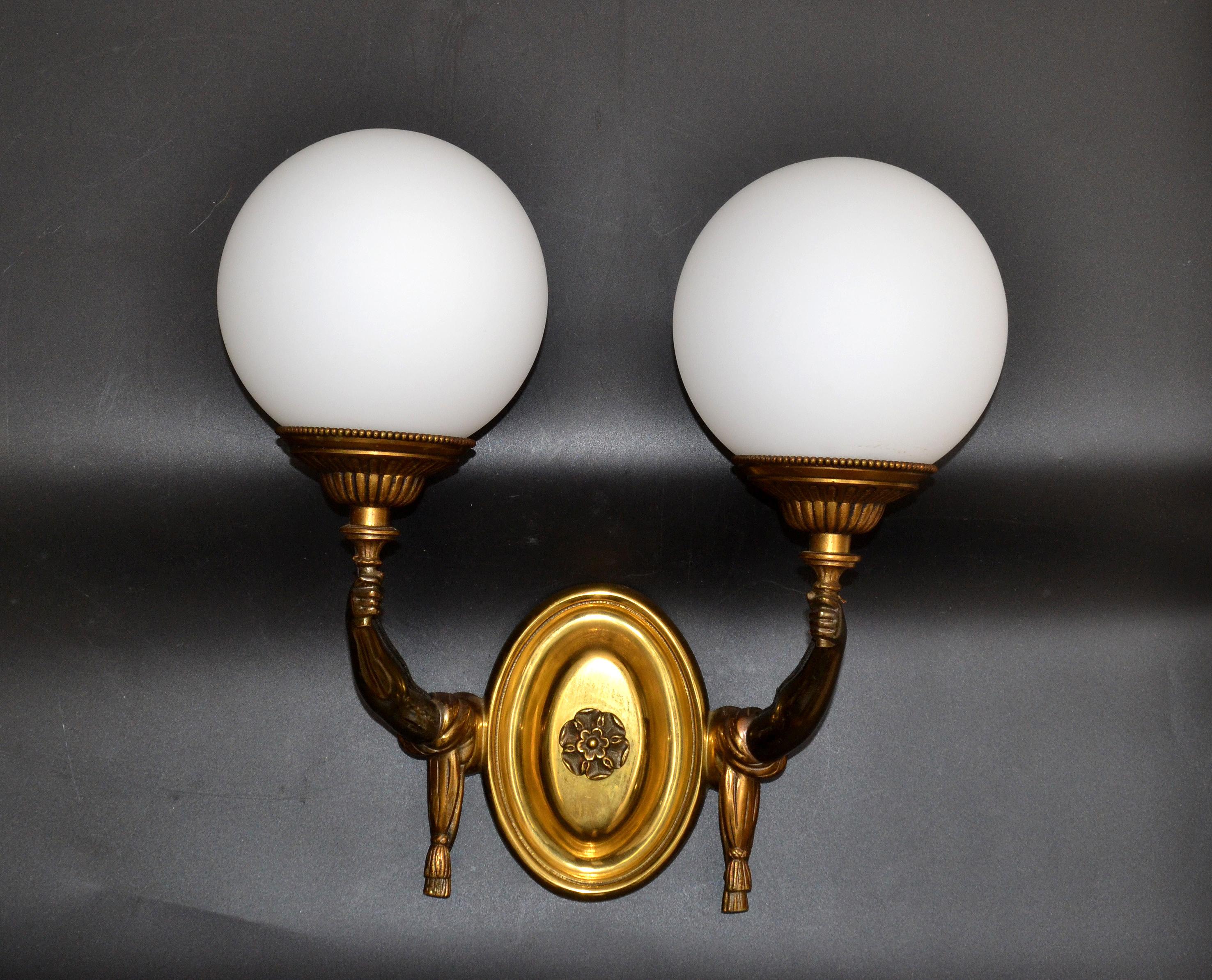 Mid-20th Century Charles et Fils Pair of Bronze & Blown Opaline Glass Globe French Sconces 1950 For Sale