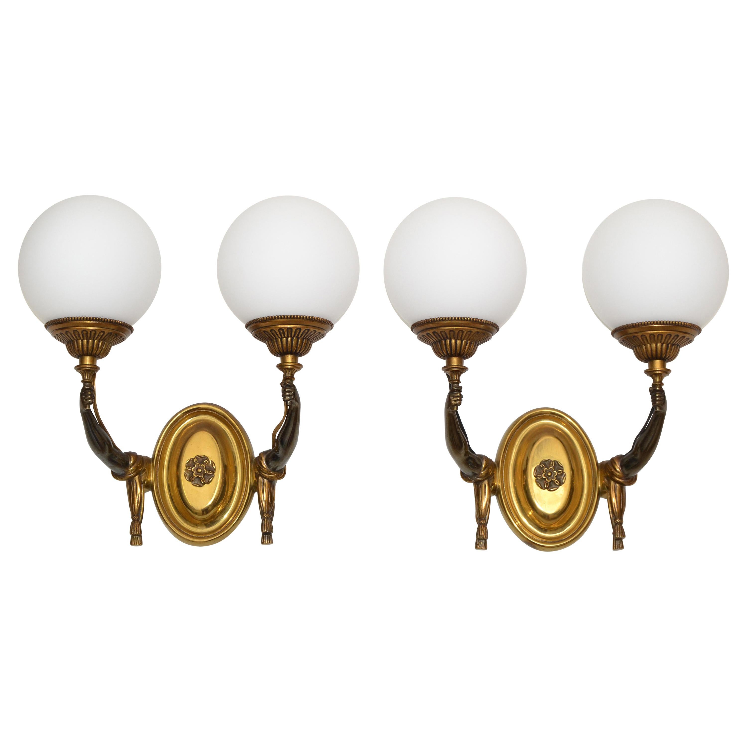 Charles et Fils Pair of Bronze & Blown Opaline Glass Globe French Sconces 1950 For Sale