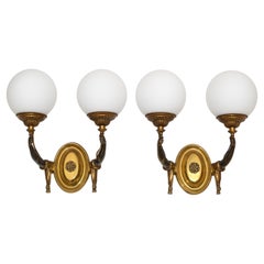 Charles et Fils Pair of Bronze & Blown Opaline Glass Globe French Sconces 1950