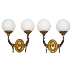 Charles et Fils Pair of Bronze & Blown Opaline Glass Globe French Sconces 1950