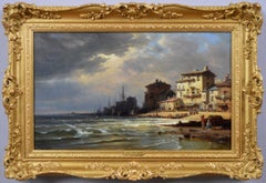19th Century seascape oil painting of a coastal town 