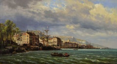 Dipinto ad olio del XIX secolo raffigurante navi in un porto della Normandia