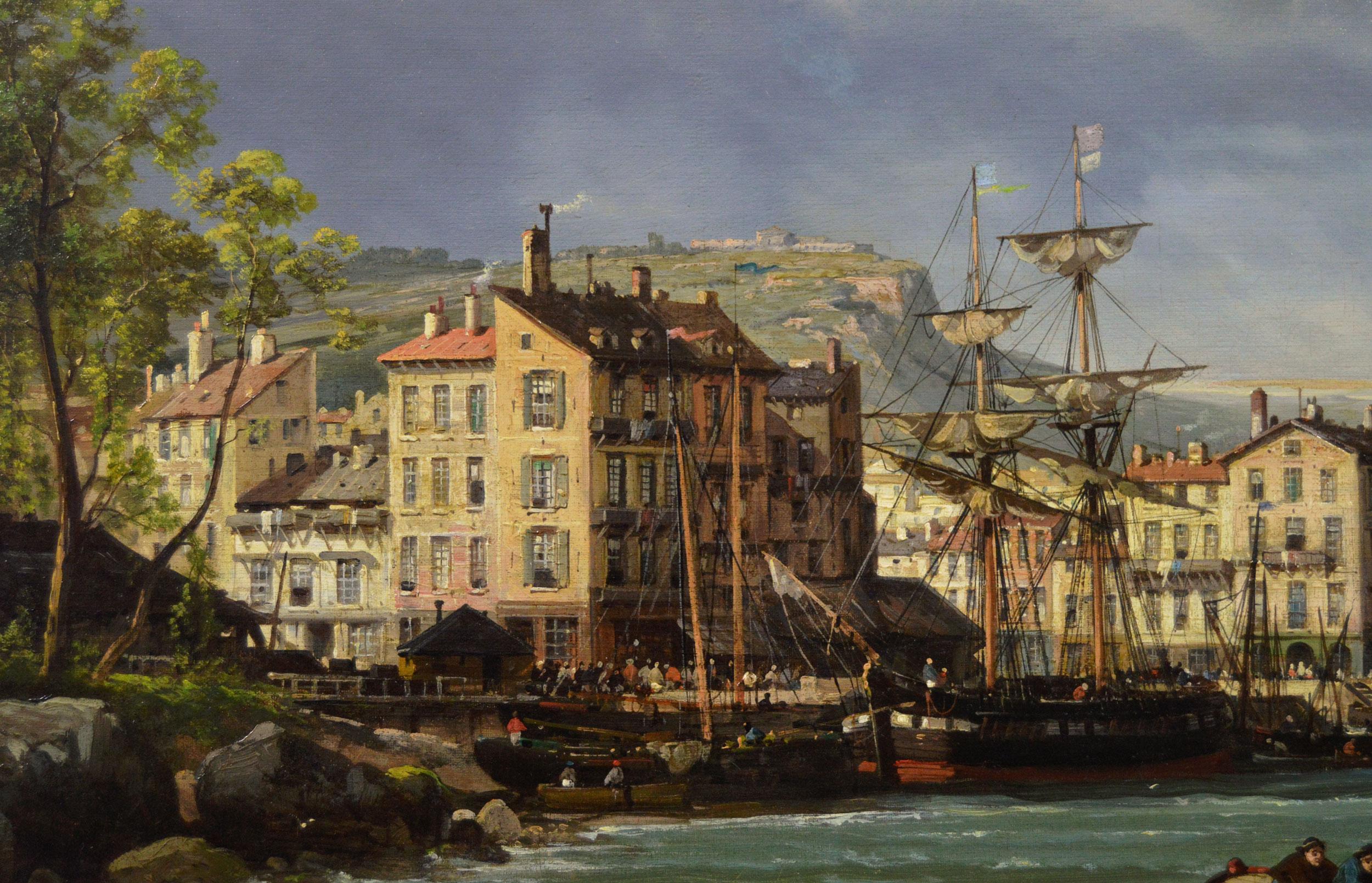 19th Century seascape oil painting of ships at a Normandy port - Victorian Painting by Charles Euphrasie Kuwasseg