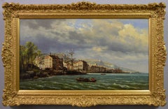 Peinture à l'huile du 19e siècle représentant des navires dans un port de Normandie
