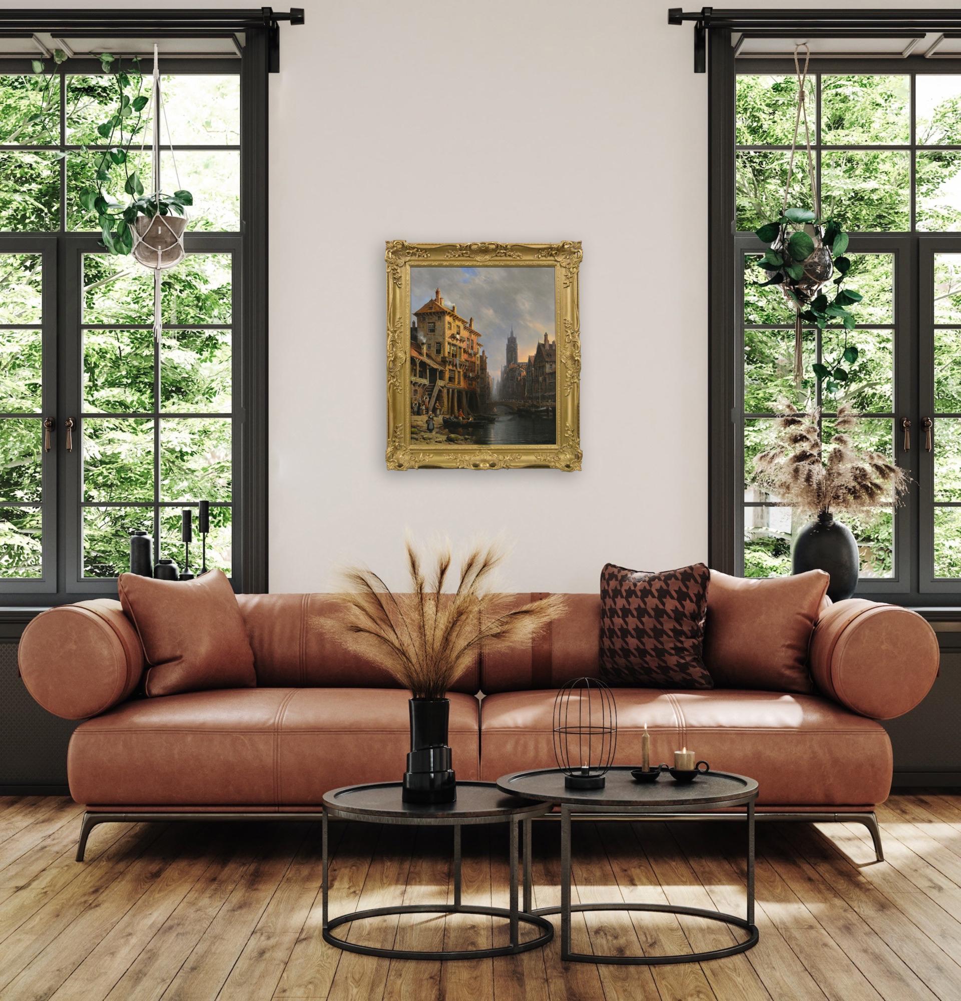Óleo de paisaje urbano del siglo XIX de un canal parisino con la catedral de San Denis en venta 7