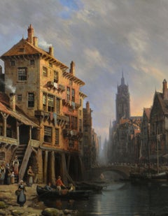 Paesaggio urbano del XIX secolo dipinto a olio di un canale parigino con la Cattedrale di St Denis