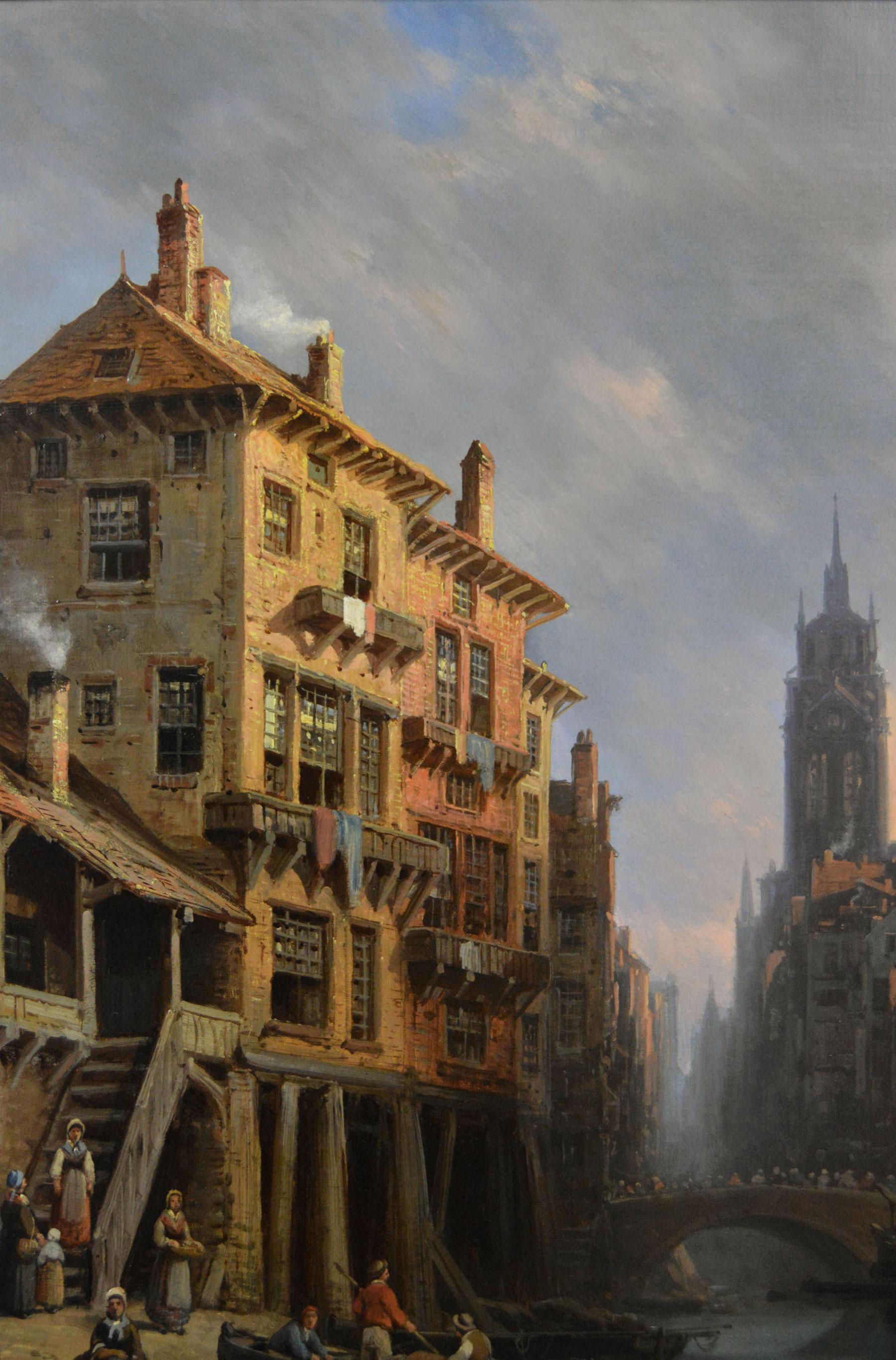Óleo de paisaje urbano del siglo XIX de un canal parisino con la catedral de San Denis - Landscape Painting Marrón de Charles Euphrasie Kuwasseg