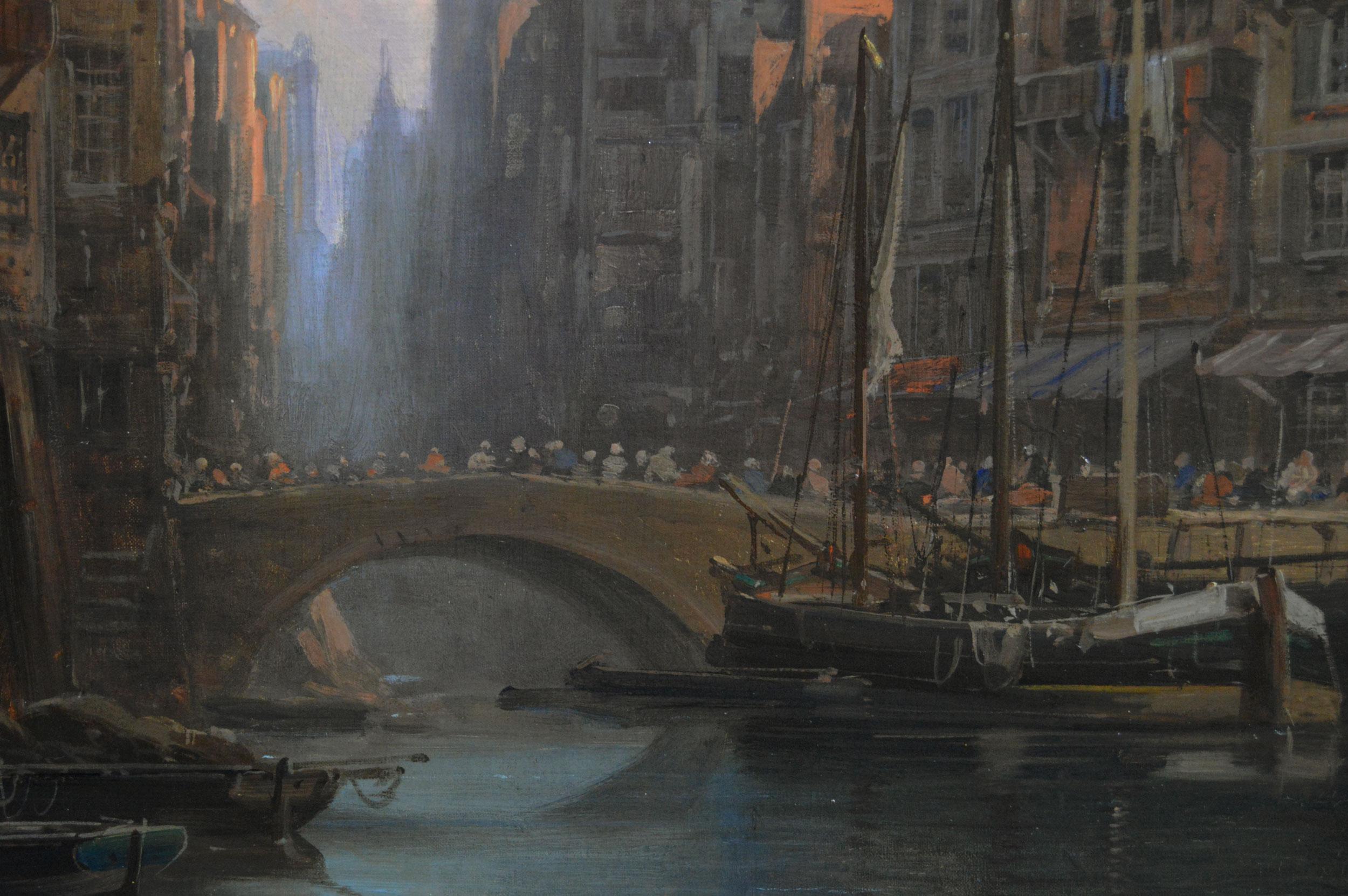 Óleo de paisaje urbano del siglo XIX de un canal parisino con la catedral de San Denis en venta 1
