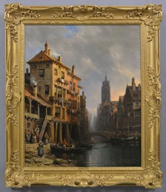 19th Century townscape oil painting of a Parisian canal with St Denis Cathedral