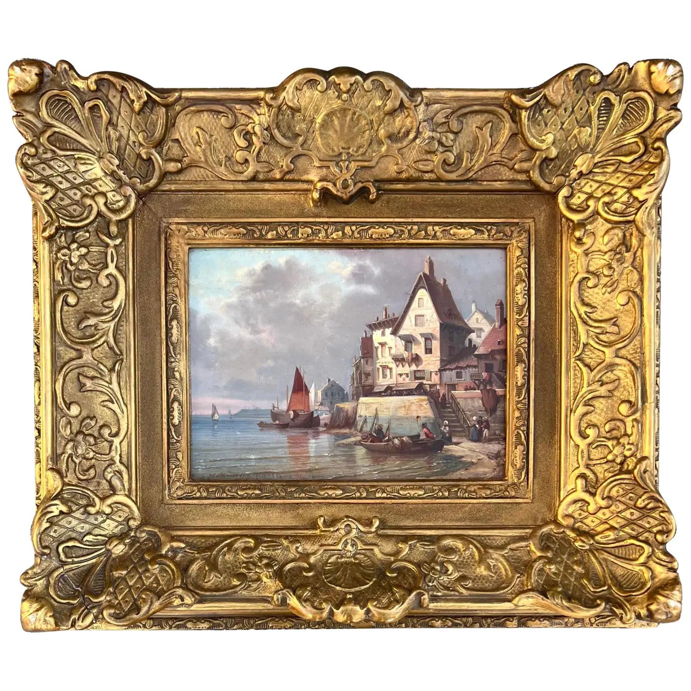 Landscape Painting di Charles Euphrasie Kuwasseg - Città europea sull'acqua