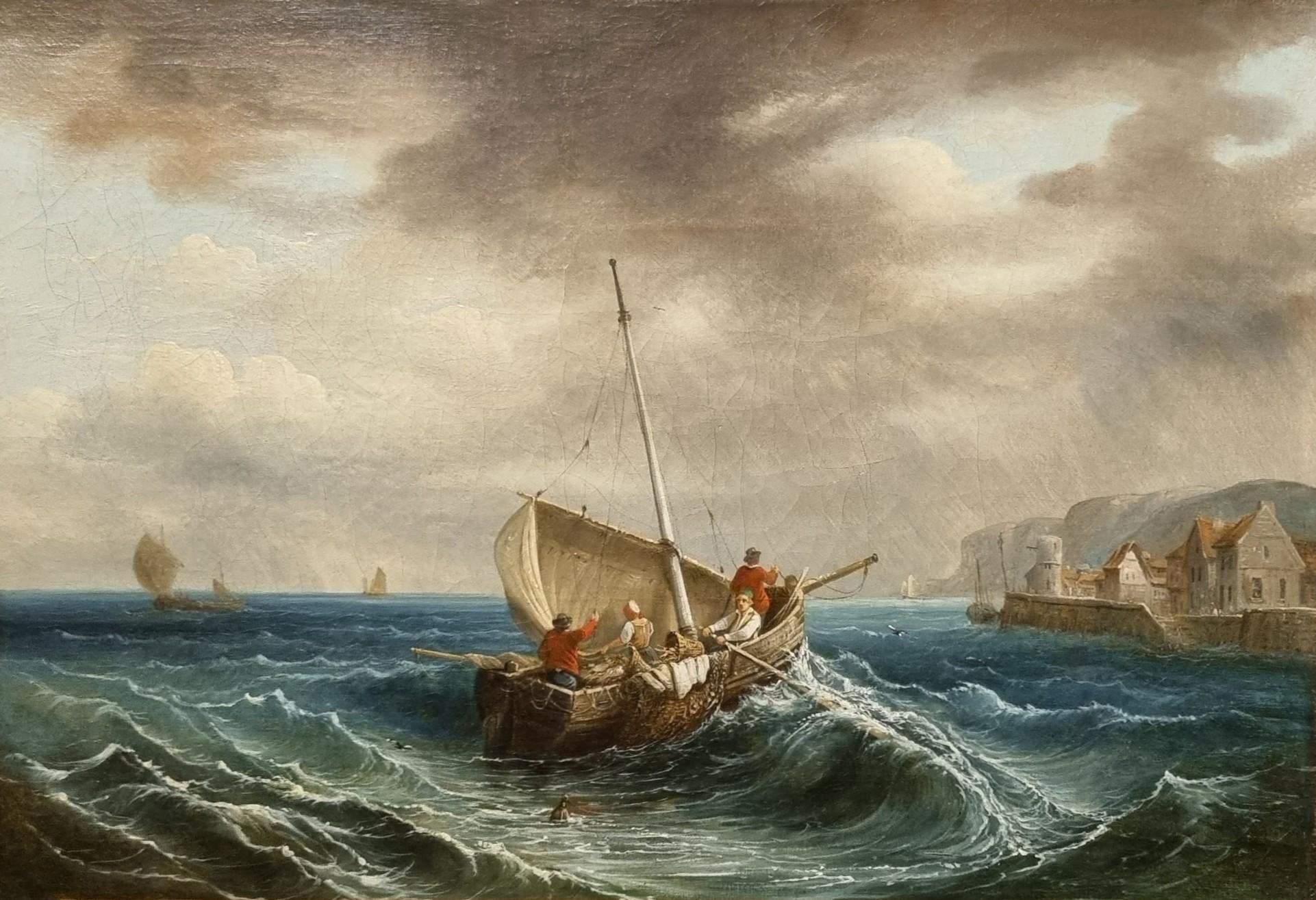 Peinture romantique de marine française 19ème Cercle de KUWASSEG Bateau Mer Port Canal