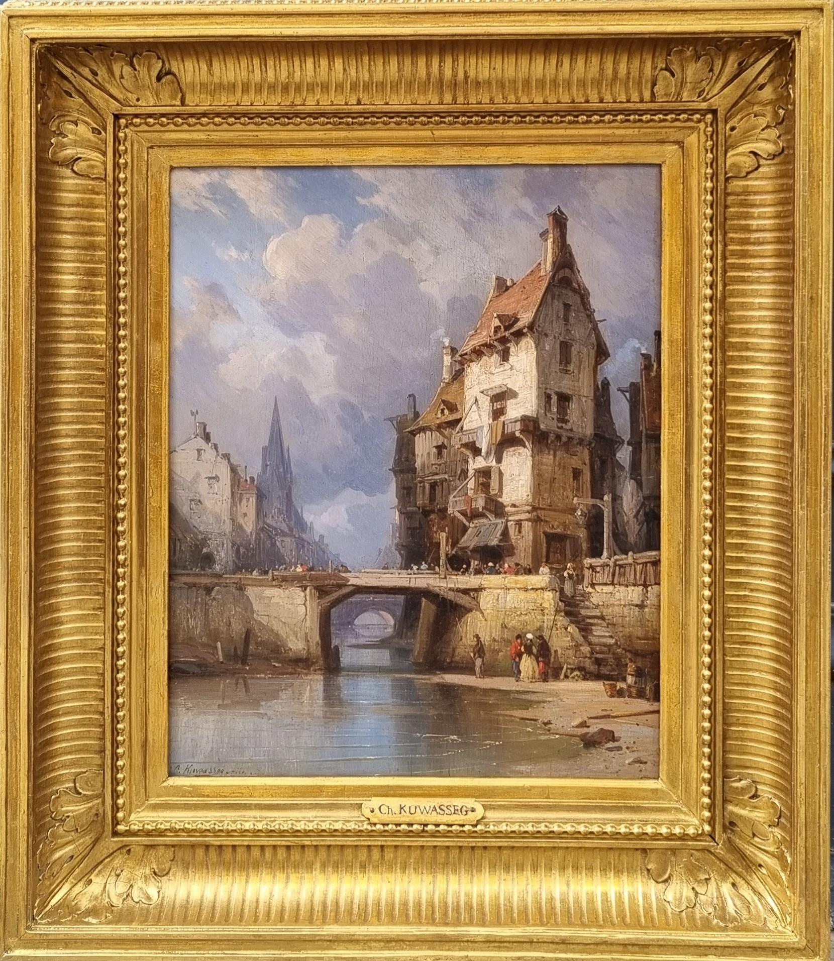 KUWASSEG French Romantic Landscape Painting Normandy Harbor 19th For Sale 1