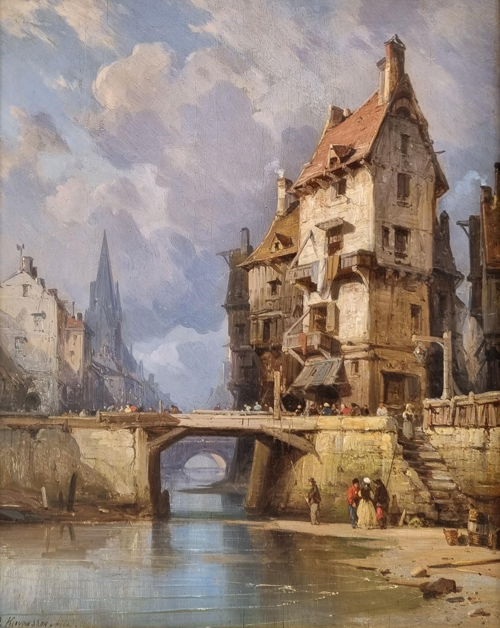 Charles Euphrasie KUWASSEG
Draveil (Essonne), 1833 – Paris, 1904
Animated View of a Town by the Sea in Normandy
Oil on wood panel
Signed and dated lower right "Kuwasseg fils"
41 x 32 cm (60 x 52.5 cm with frame)
Old stamp on the verso
Very beautiful