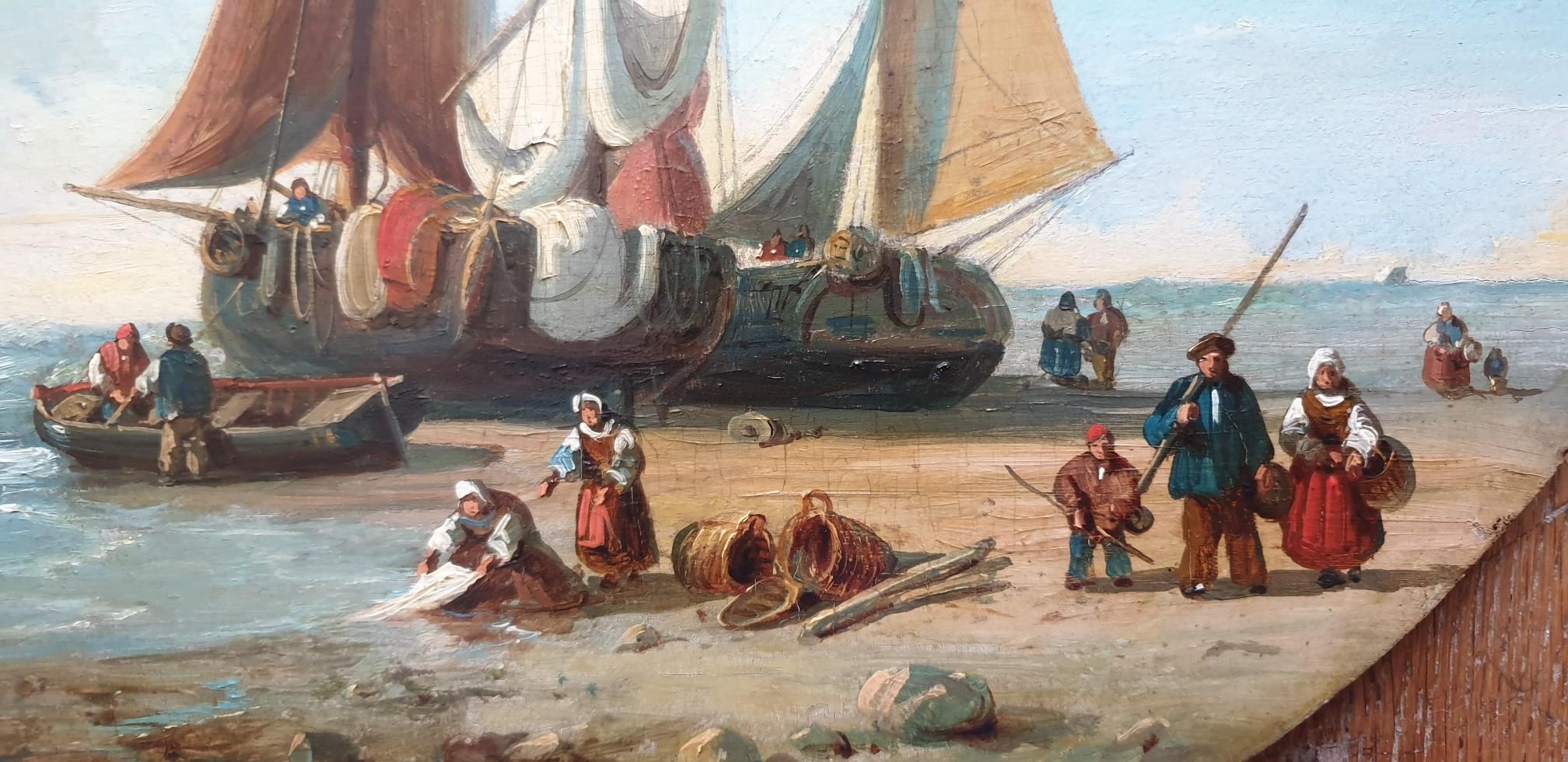KUWASSEG Marine in der Normandie Boote am Meer Strand Romantisches französisches Gemälde 19. Jahrhundert (Romantik), Painting, von Charles Euphrasie Kuwasseg