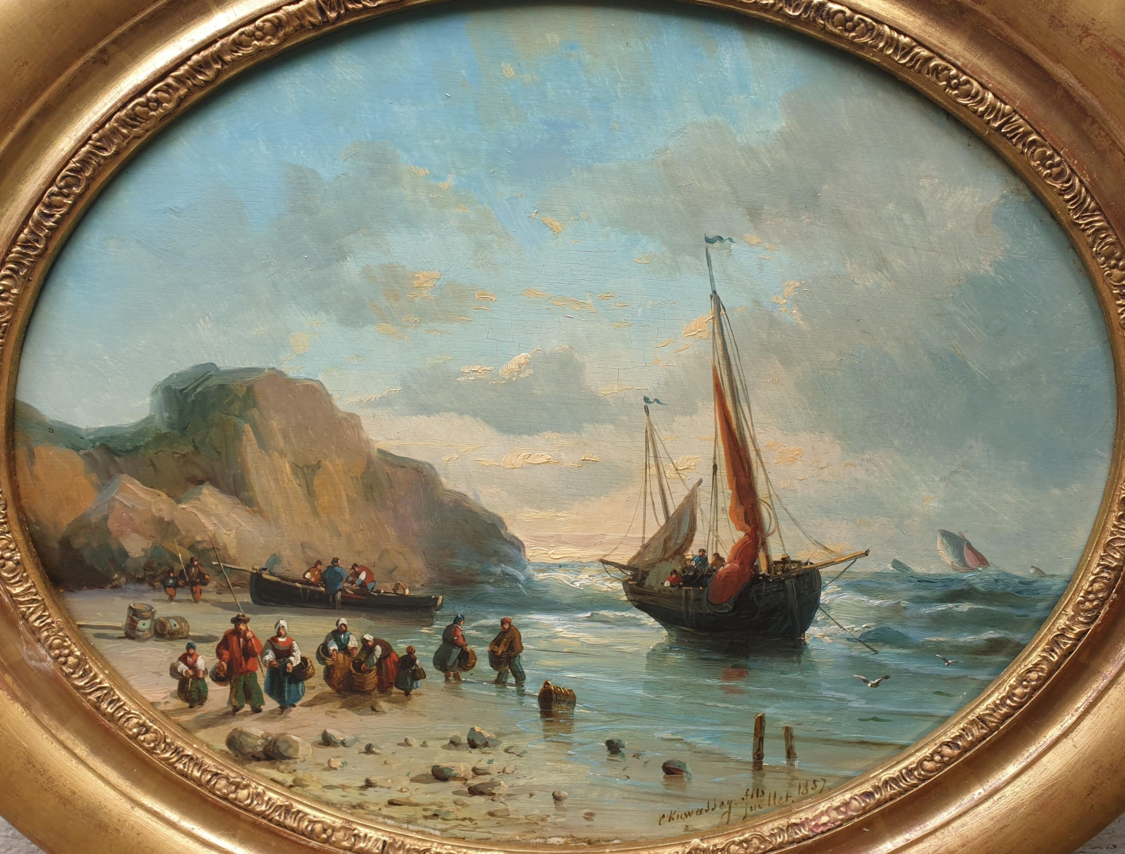 Painting oval KUWASSEG Marine beach boats french romantic Normandy 19th  - Brown Landscape Painting by Charles Euphrasie Kuwasseg