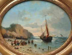 Painting oval KUWASSEG Marine beach boats french romantic Normandy 19th