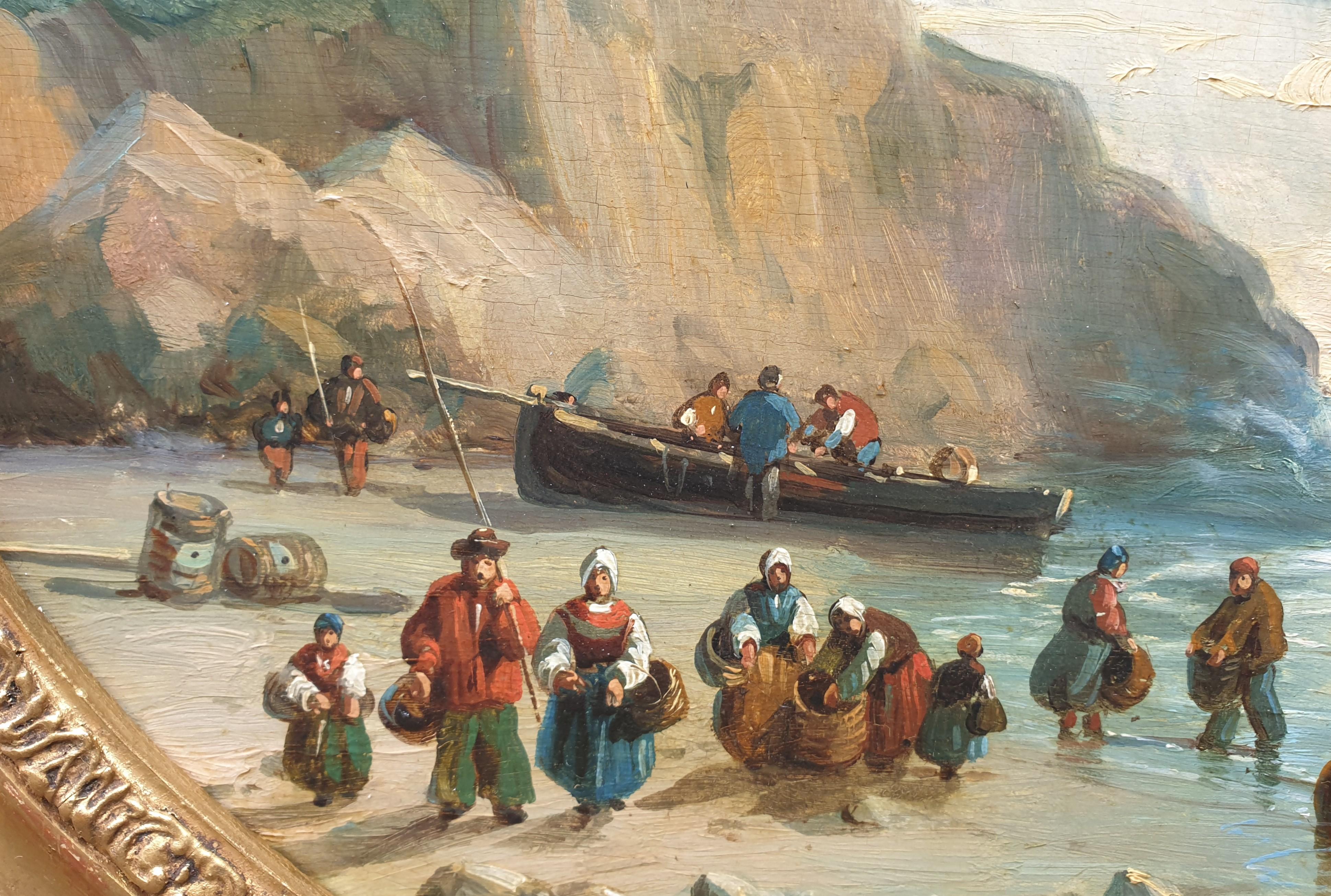 Peinture de KUWASSEG ovale bateaux de plage français romantiques Normandie 19e  - Romantique Painting par Charles Euphrasie Kuwasseg