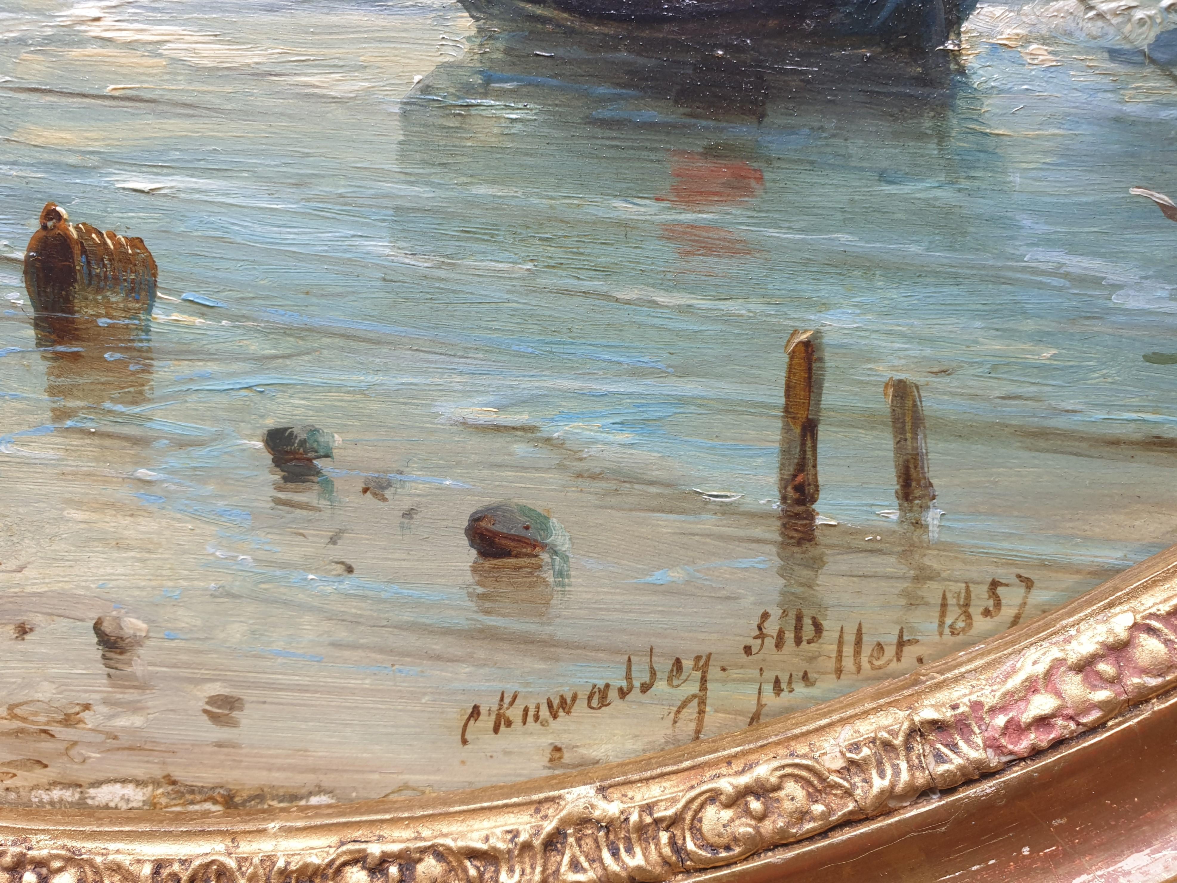 Painting oval KUWASSEG Marine beach boats french romantic Normandy 19th  For Sale 2