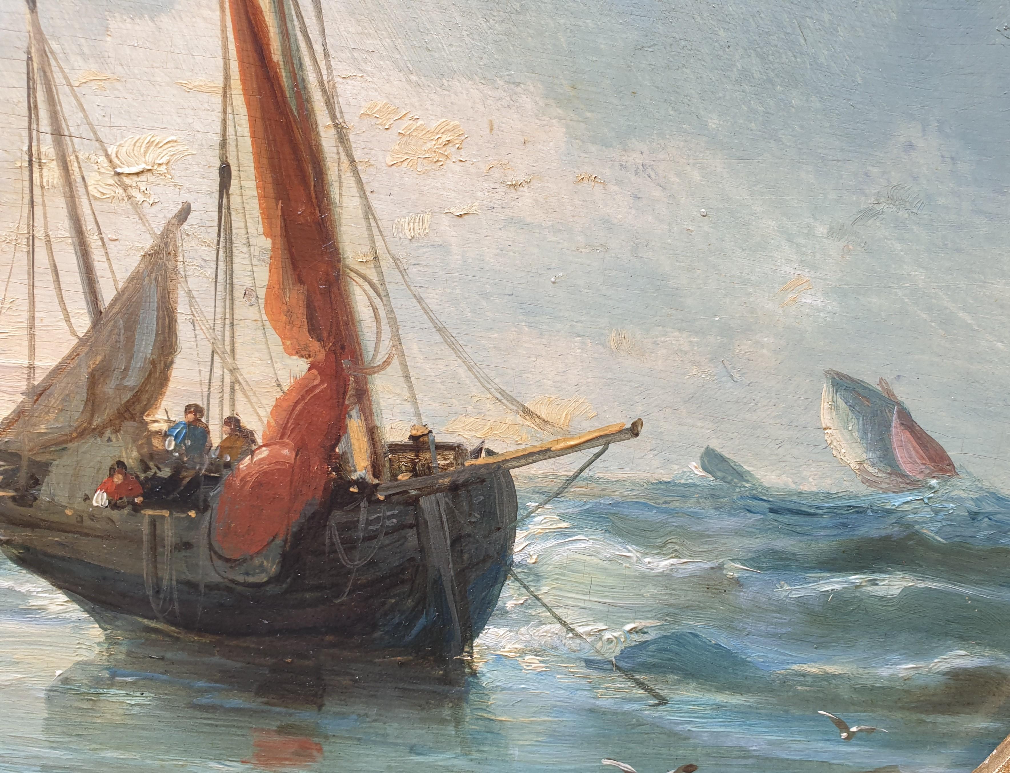 Peinture de KUWASSEG ovale bateaux de plage français romantiques Normandie 19e  en vente 1