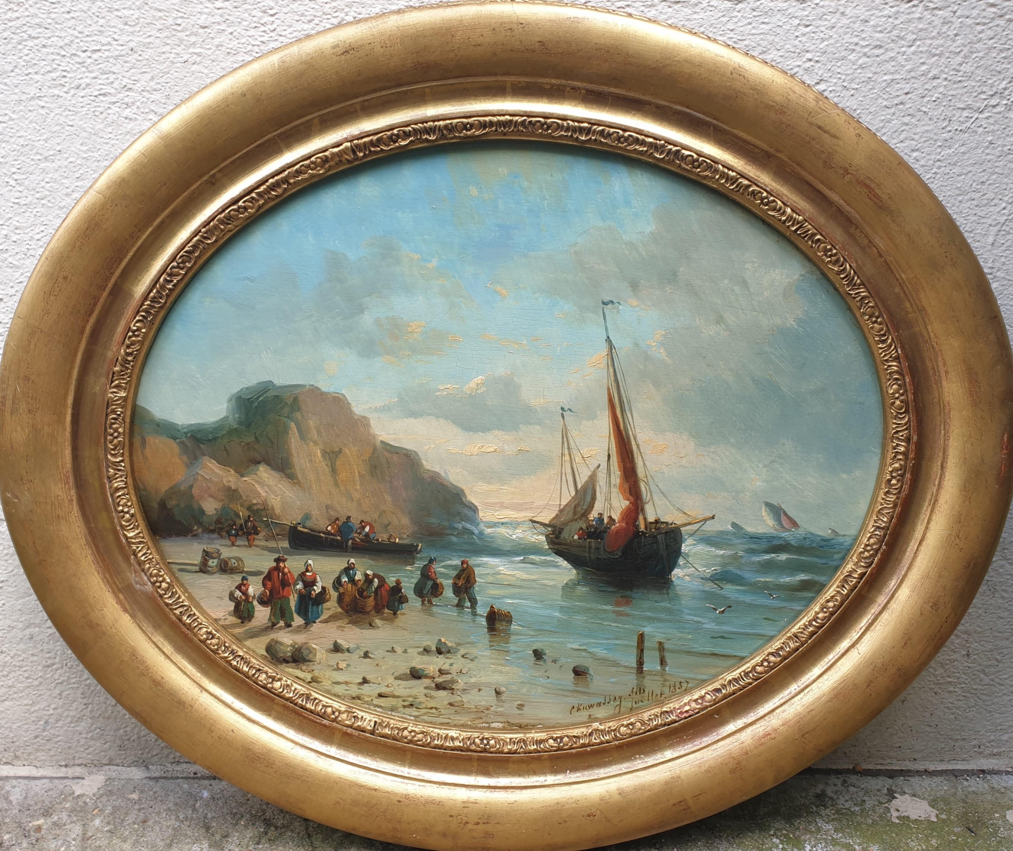 Landscape Painting Charles Euphrasie Kuwasseg - Peinture de KUWASSEG ovale bateaux de plage français romantiques Normandie 19e 