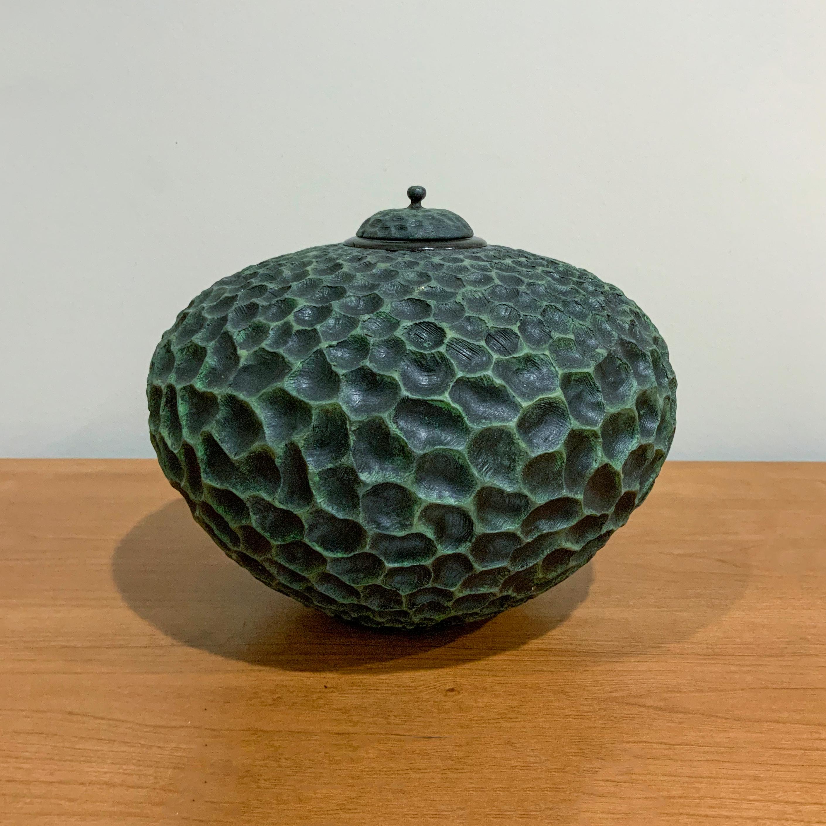 Deep Green Hued, Hand Carved & Hammered Maple Wood Vessel with Lid - Sculpture by Charles Farrar