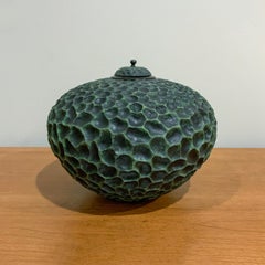 Deep Green Hued, Hand Carved & Hammered Maple Wood Vessel with Lid