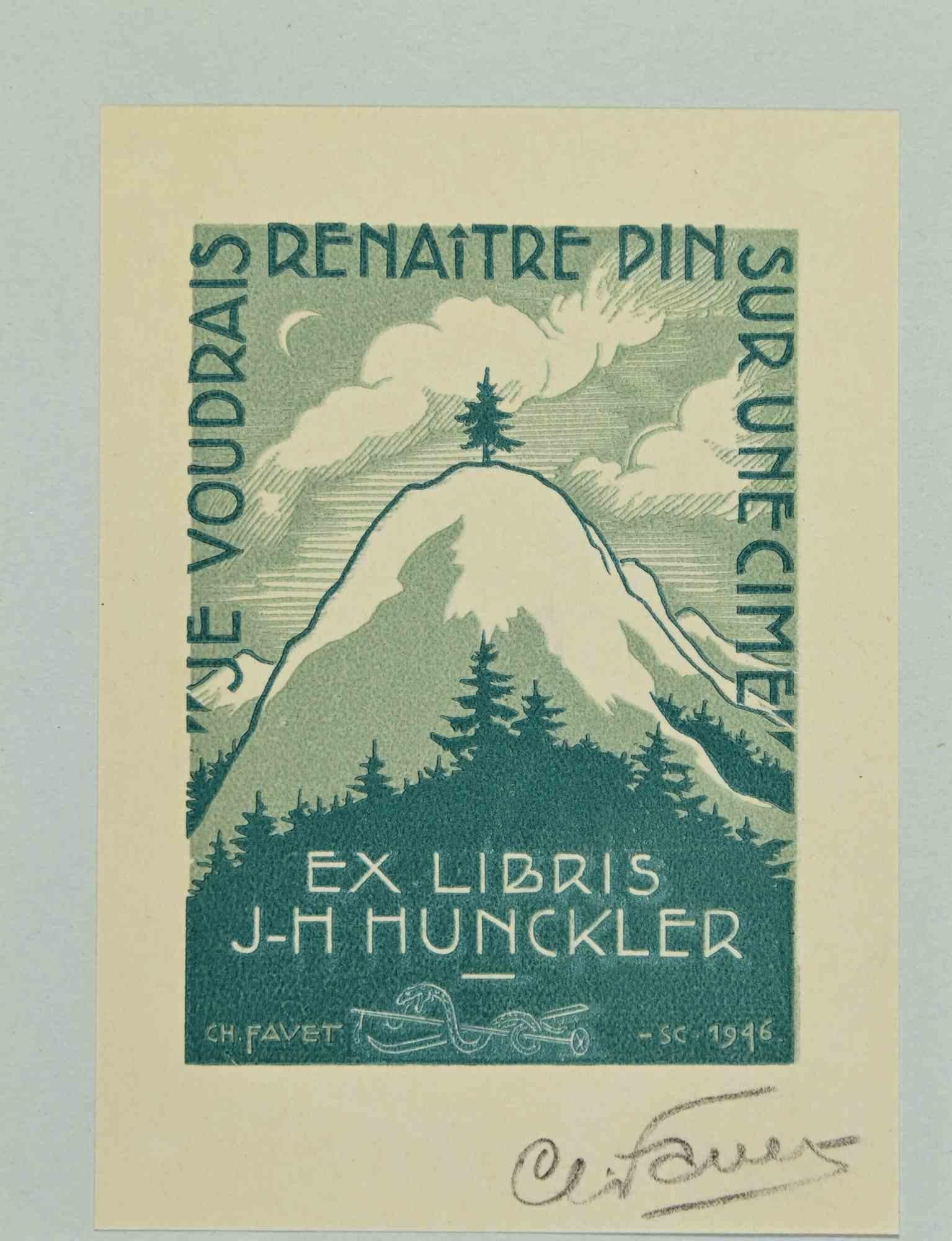 Ex Libris - J-H  Hunckler is an Artwork realized in 1946, by the French Artist Charles Favet (1899-1982). 

Woodcut print on ivory paper. Hand Signed on the right margin.

The work is glued on colored cardboard.

Total dimensions: 12x10 cm.

Good