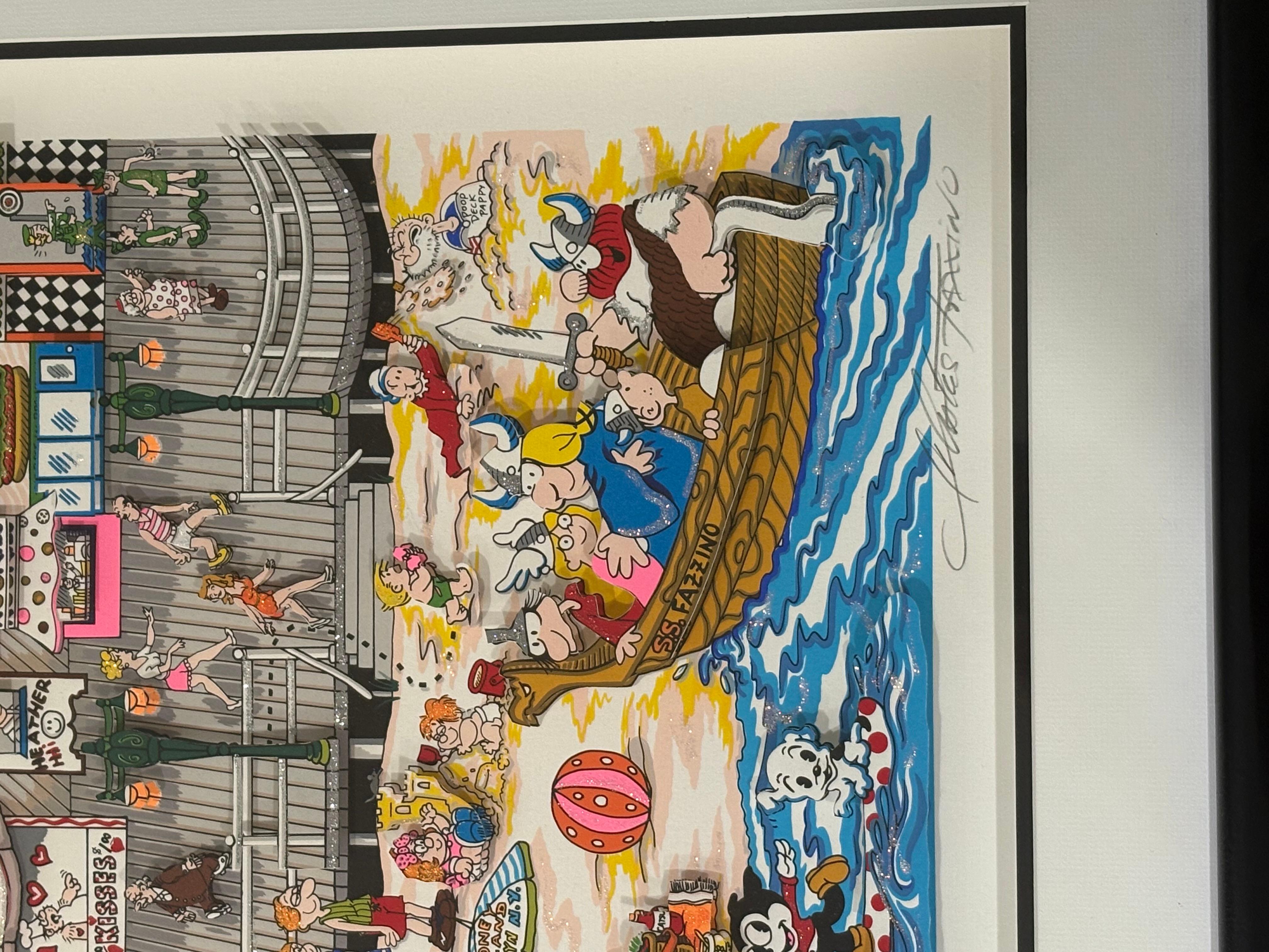 Charles Fazzino Betty's Booping, Popeye's Swooning on Coney Island Beach 3D. In good condition measures 45x36