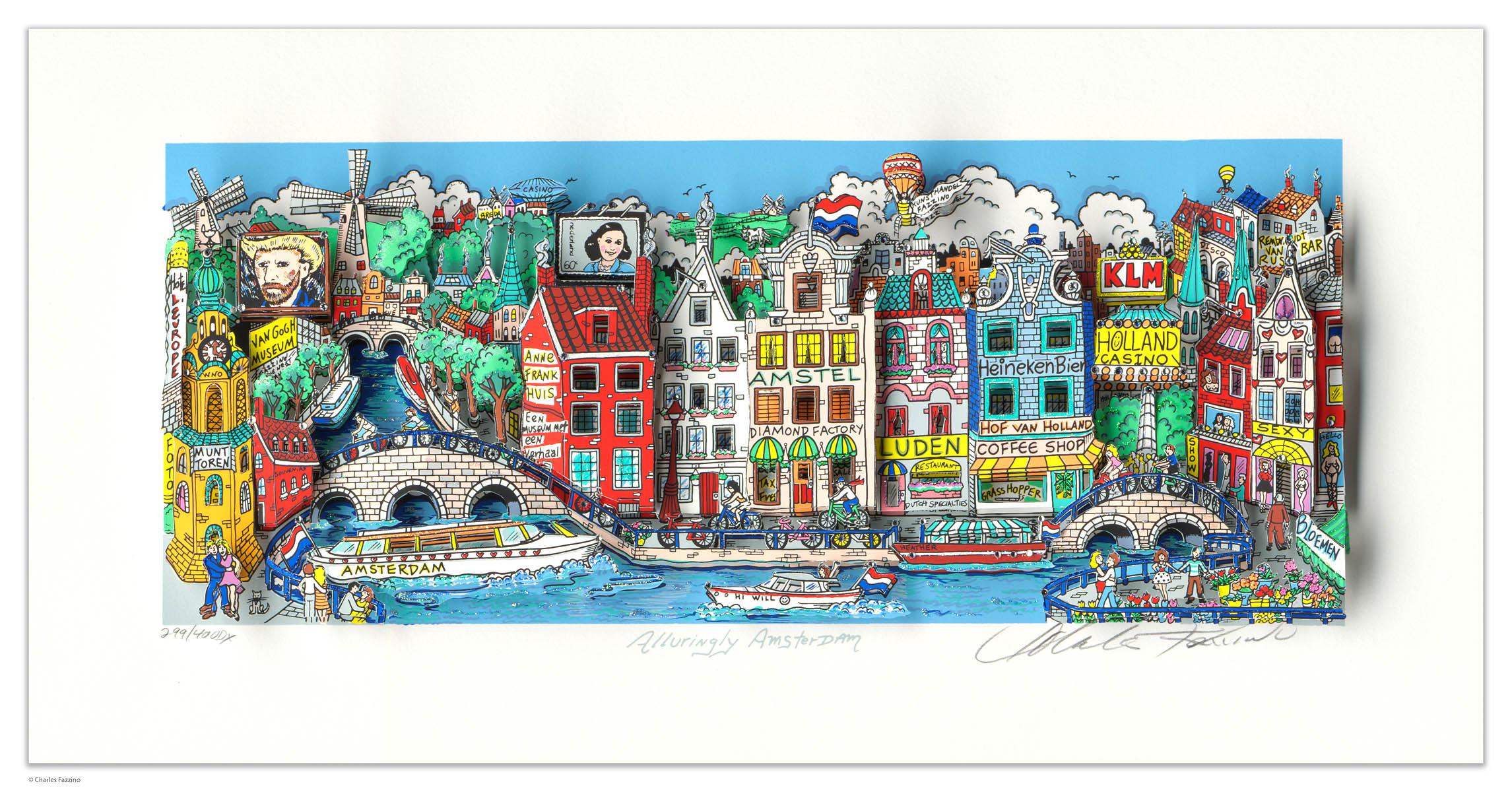 Alluringly Amsterdam – A 3D Silkscreen by Charles Fazzino (Edition: 323/400DX)
Artist: Charles Fazzino
Title: Alluringly Amsterdam
Medium: 3D Silkscreen on Paper
Edition: 323/400DX
Dimensions: 17 x 41 cm / 6.7 x 16.1 in
Signature: Hand-signed by the