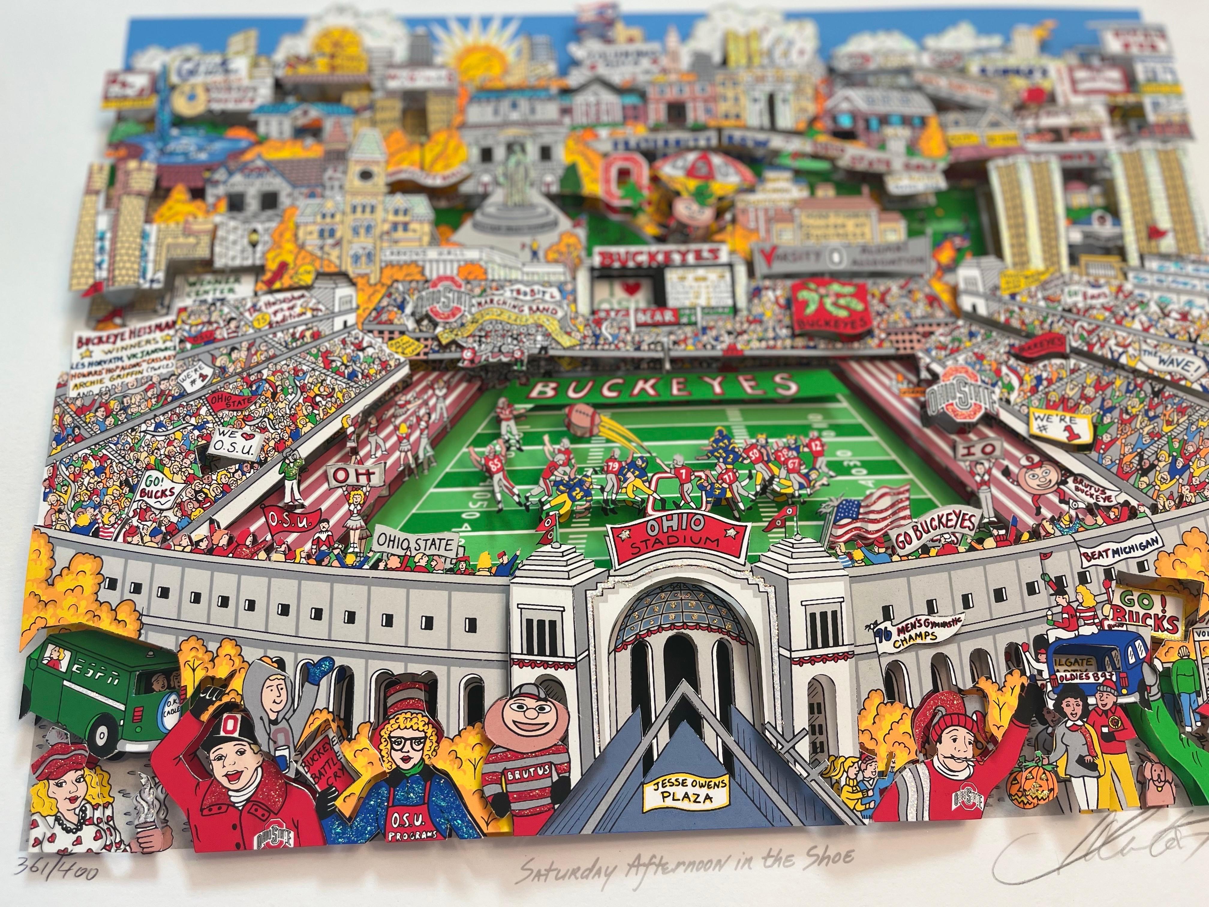 Saturday Afternoon in the Shoe (1997)

Charles Fazzino 3-D Pop Art limited edition

Assembled entirely by hand, each piece is hand cut, then hand glued to its corresponding part to create the dimensionality and then embellished with hand applied