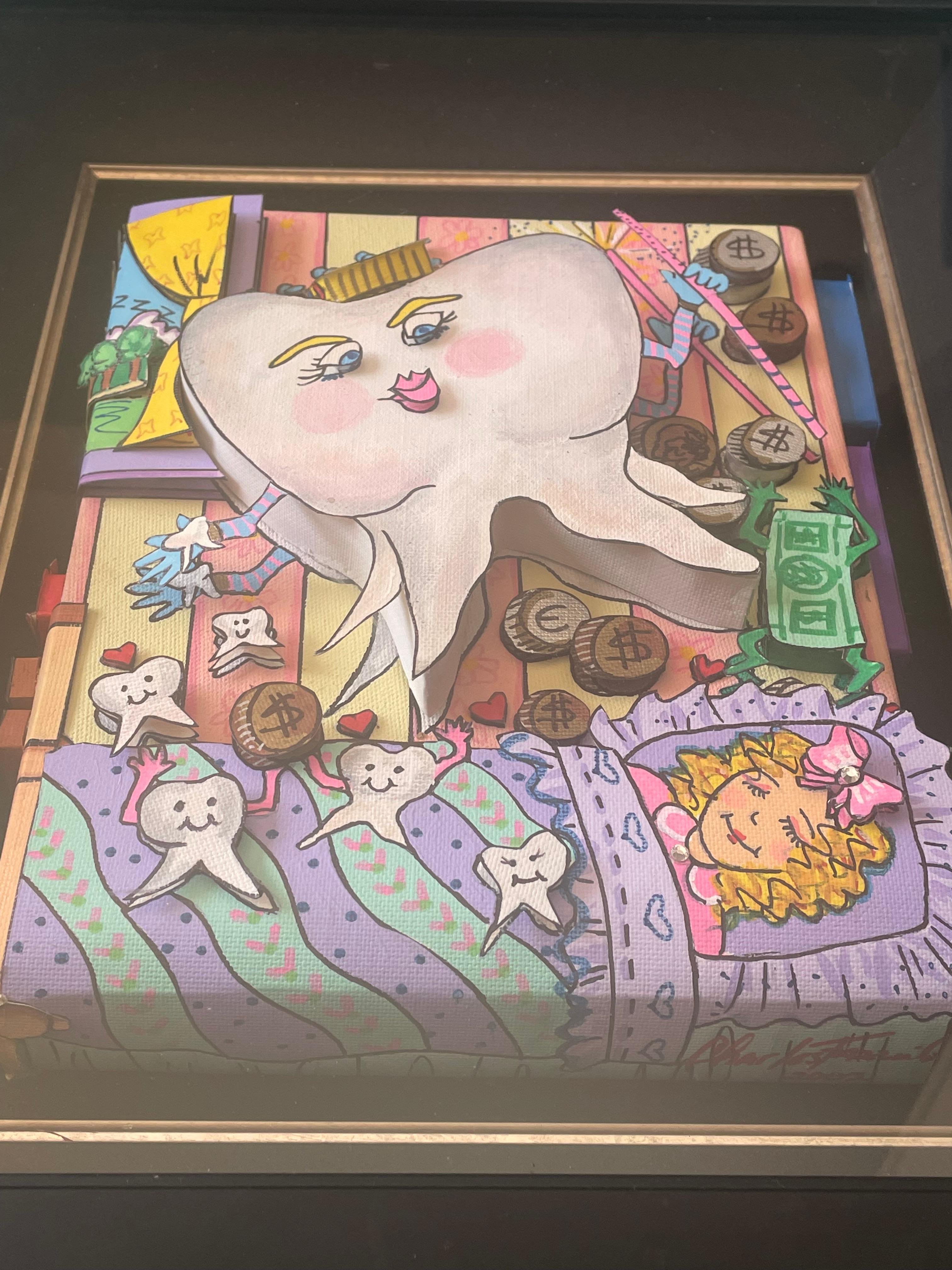 This is an Charles Fazzino original painting on canvas “tooth fairy”. Rare piece of fazzino in good condition. Measures 16x14