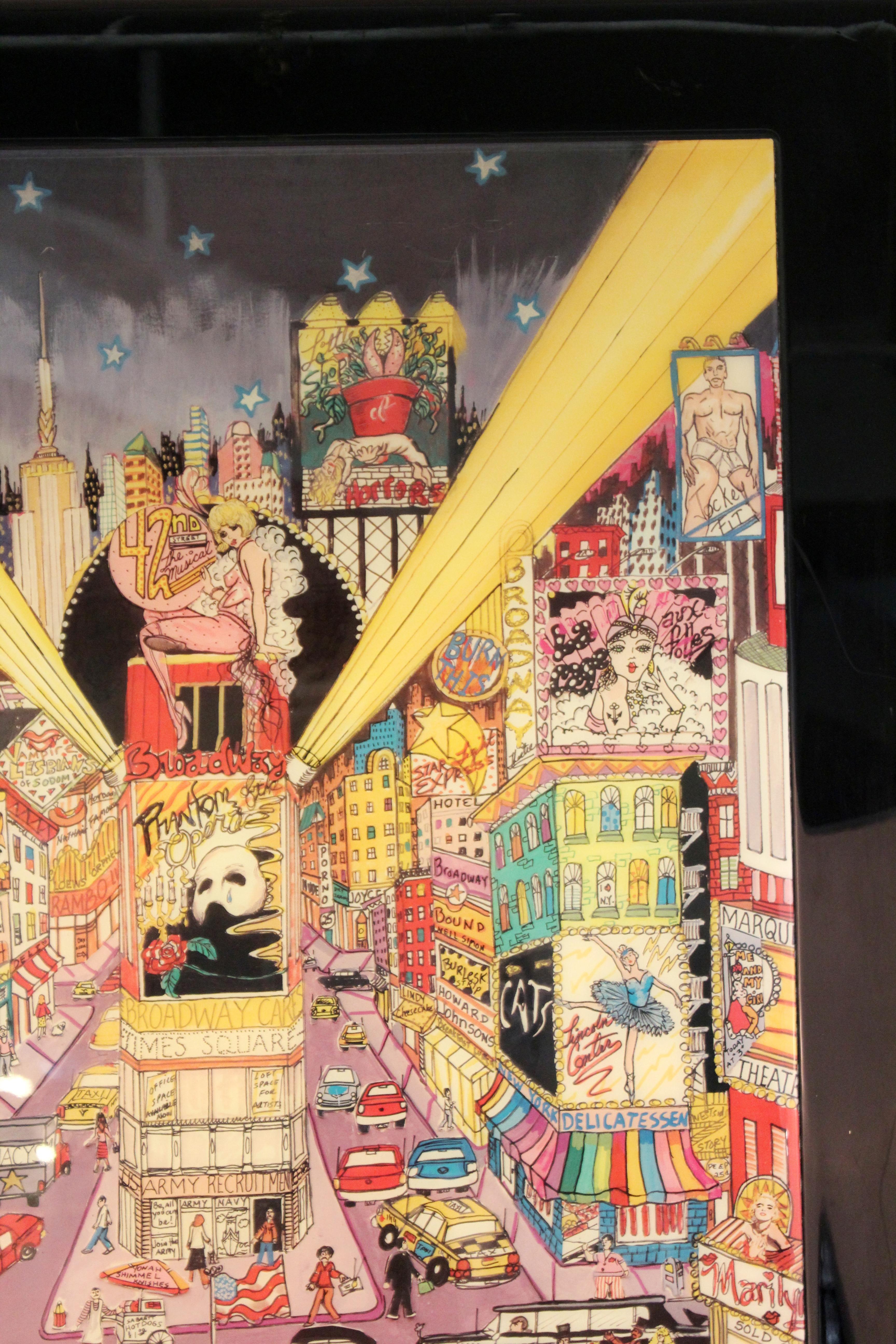 Postmodern acrylic drawing of Times Square in New York City, drawn by New-York pop artist Charles Fazzino in the 1980s. The piece depicts a highly detailed view of the many billboards and visitors to Times Square and is in great vintage condition.