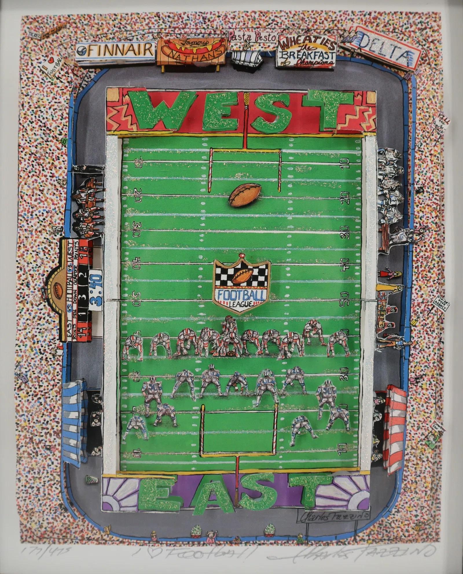 Charles Fazzino Signed I Luv (love, heart) Football - 3D - Framed 1
