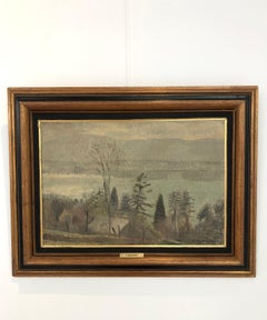 View of the Lake in Winter, Modern Oil Painting, Framed, 1920s